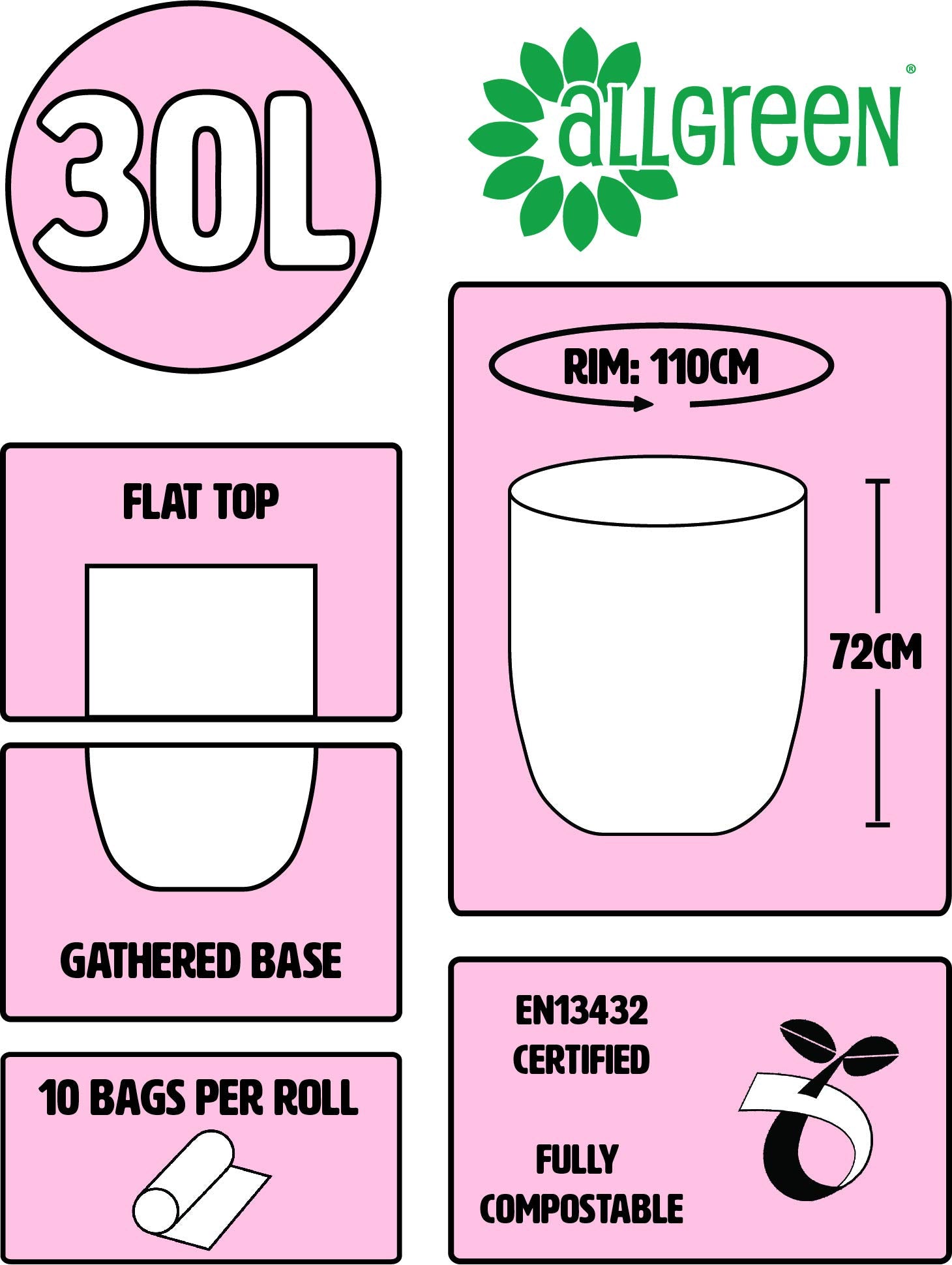 All-Green 30 Litre Compostable Bin Liners - 10 Bags for Kerbside Food Waste Caddy