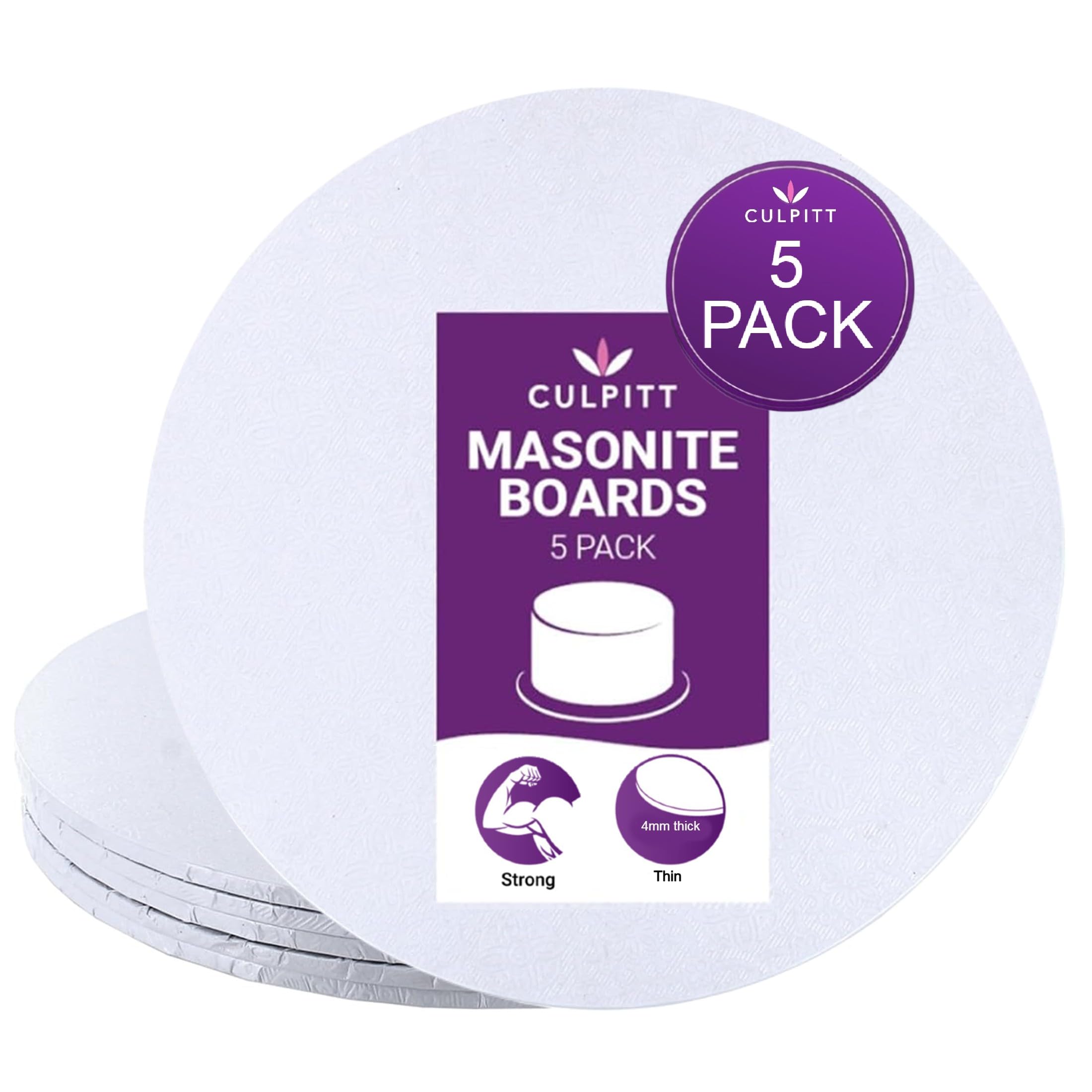 Culpitt White Masonite Cake Board - Strong Round Cake Drum, 4mm Thick, 10 Inch, 5 Pack