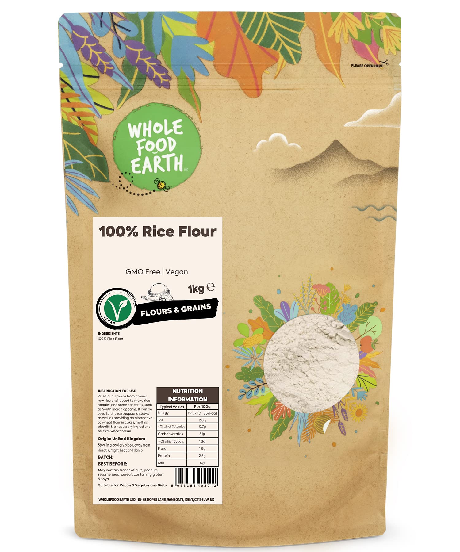 Wholefood Earth 100% Rice Flour - 1 kg Bag | GMO Free, Vegan Friendly