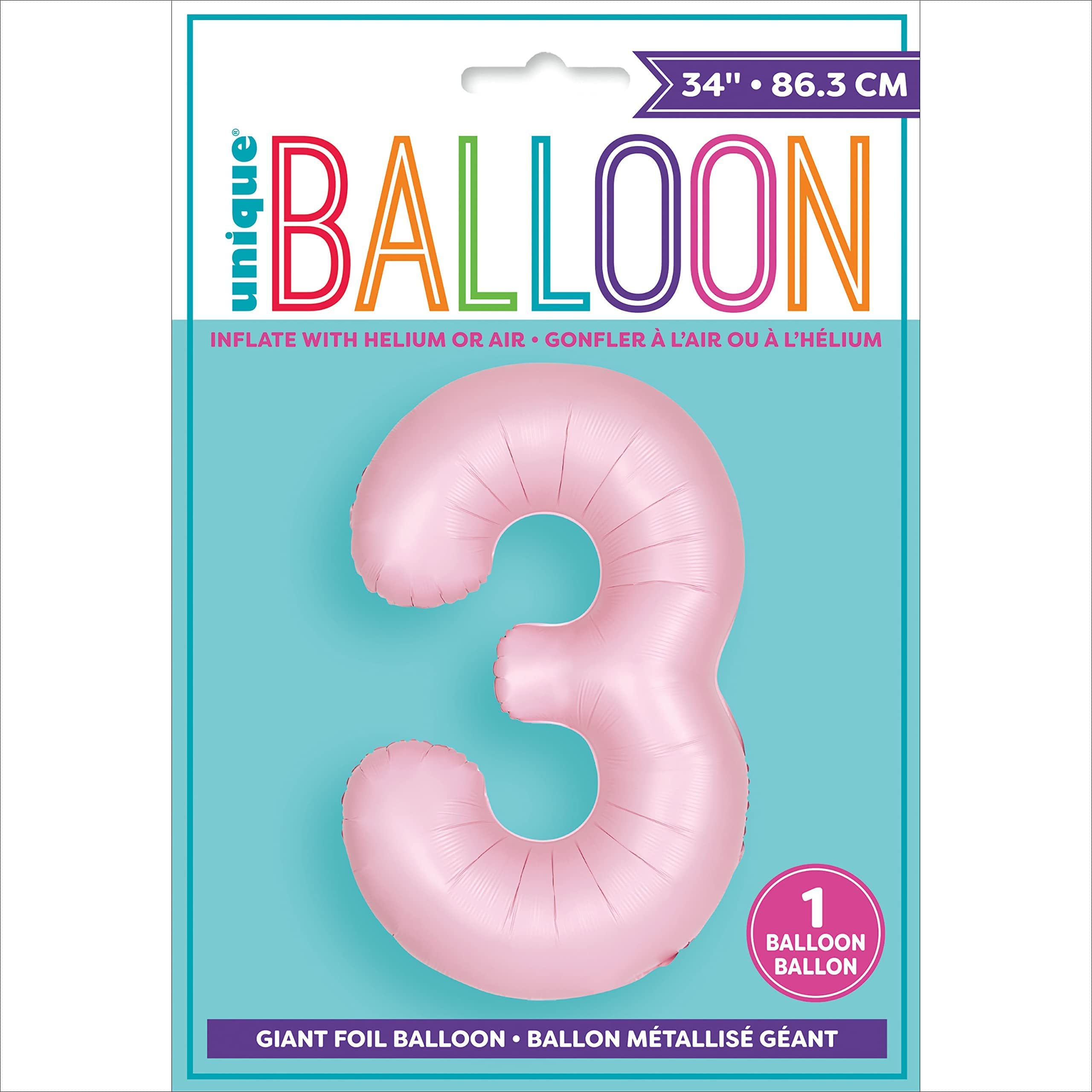 Unique Giant Foil Number 3 Balloon - 86 cm Matte Baby Pink
