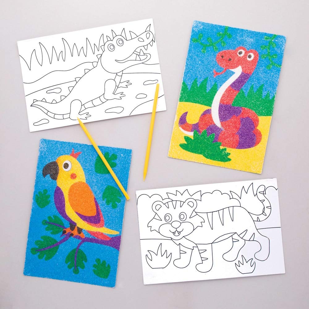 Baker Ross Jungle Animal Sand Art Kit - Pack of 8 Pictures | Self-Adhesive Craft Activity