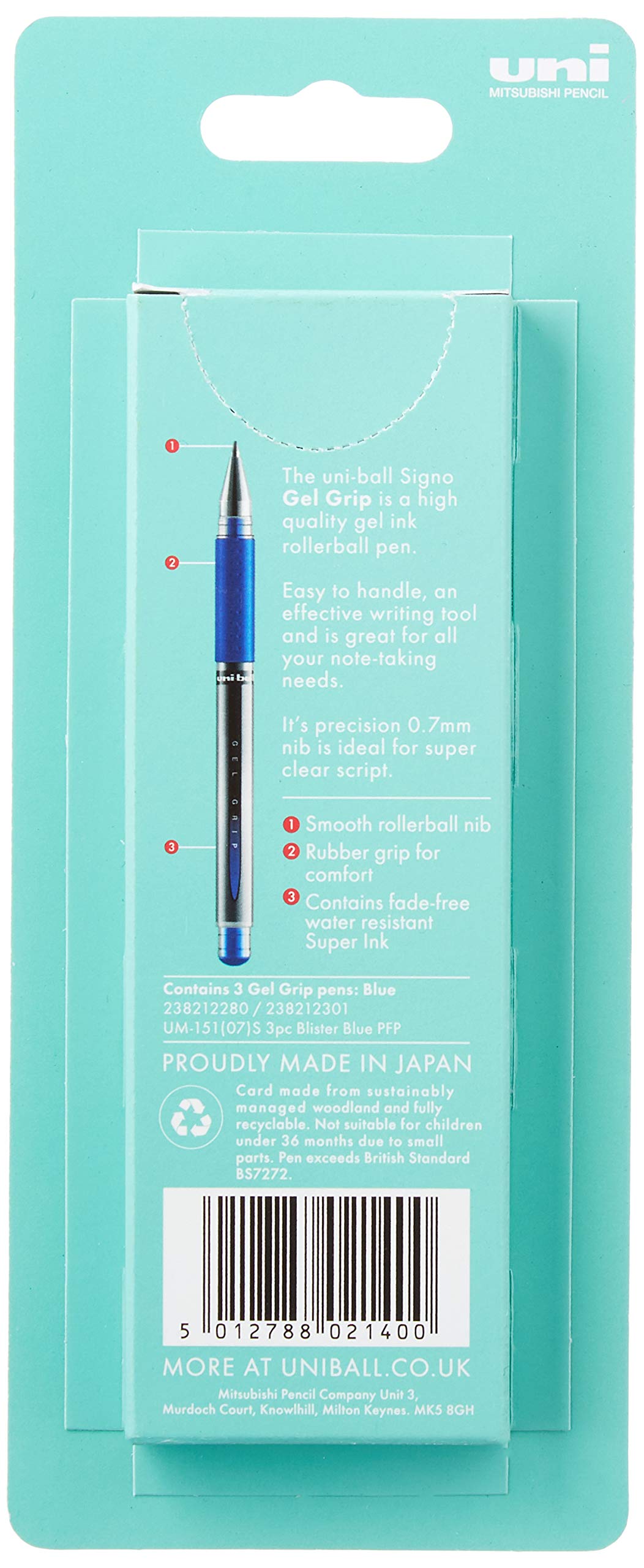 uni-ball UM-151S Gel Grip Rollerball Pen - Medium 0.7mm Tip | Blue Ink | Pack of 3 2