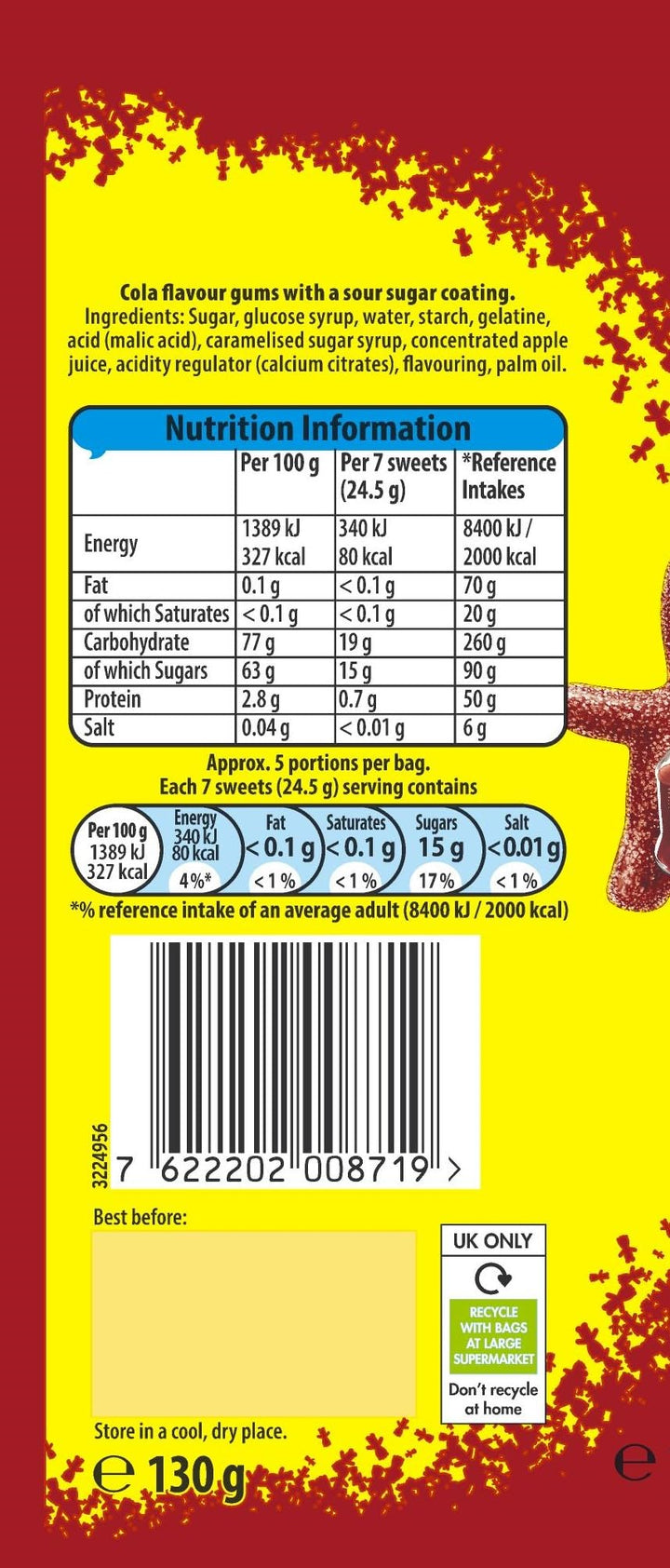 Sour Patch Kids Cola Flavour Tangy Sour Then Sweet Chewy Candies 130 g