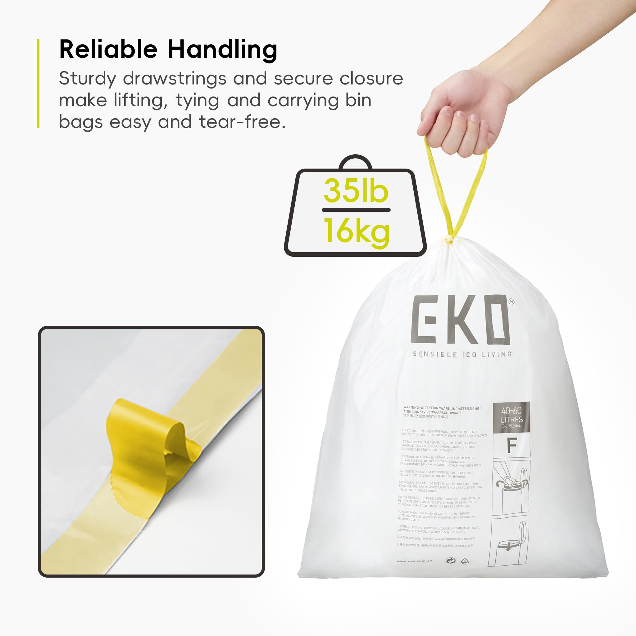 EKO Extra Strong Drawstring Bin Liners for 40-60L Kitchen Bins - 12 Pack White Trash Bags 5
