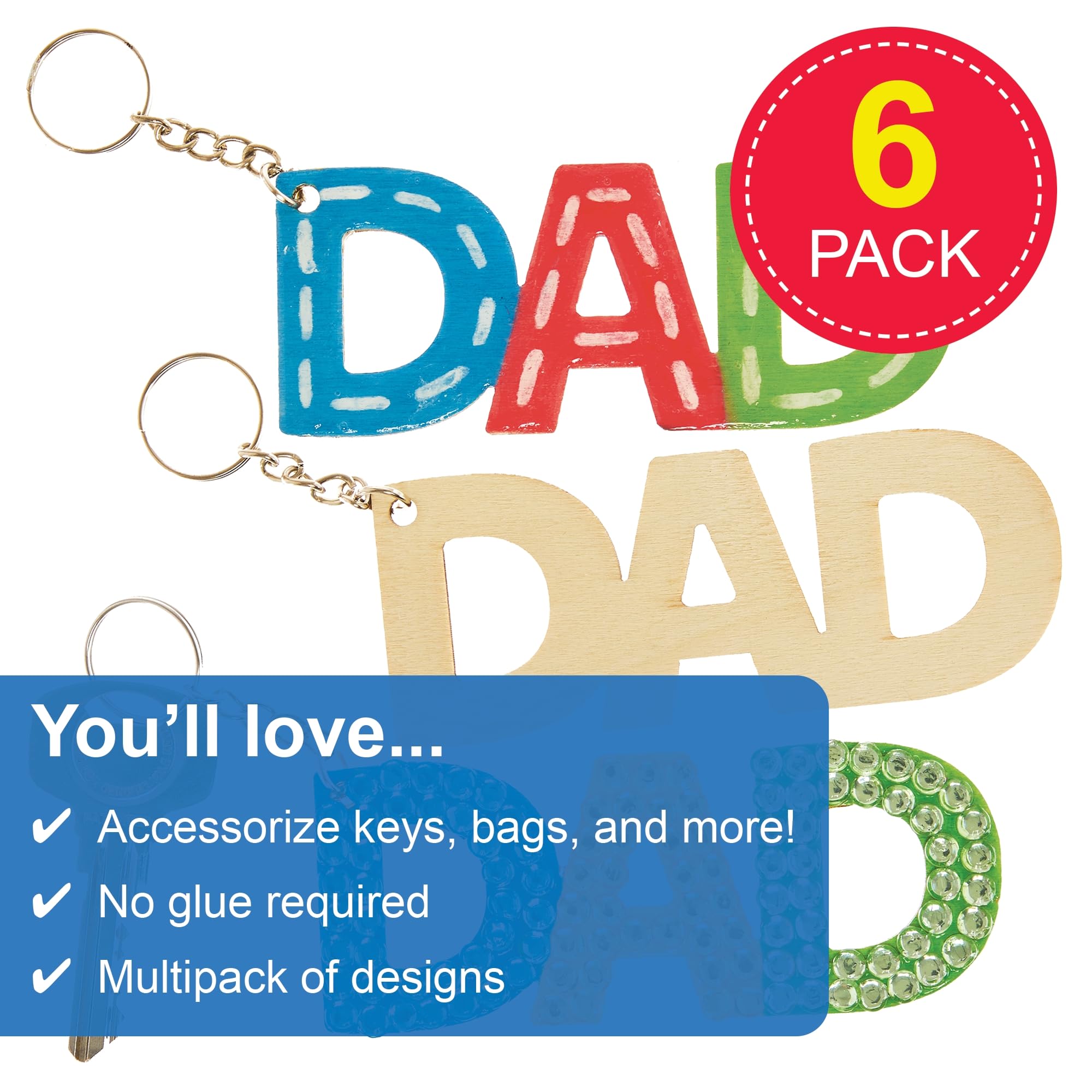 Baker Ross FN496 Father's Day DAD Wooden Keyrings - Pack of 6 | 10cm Length | 3mm Plywood