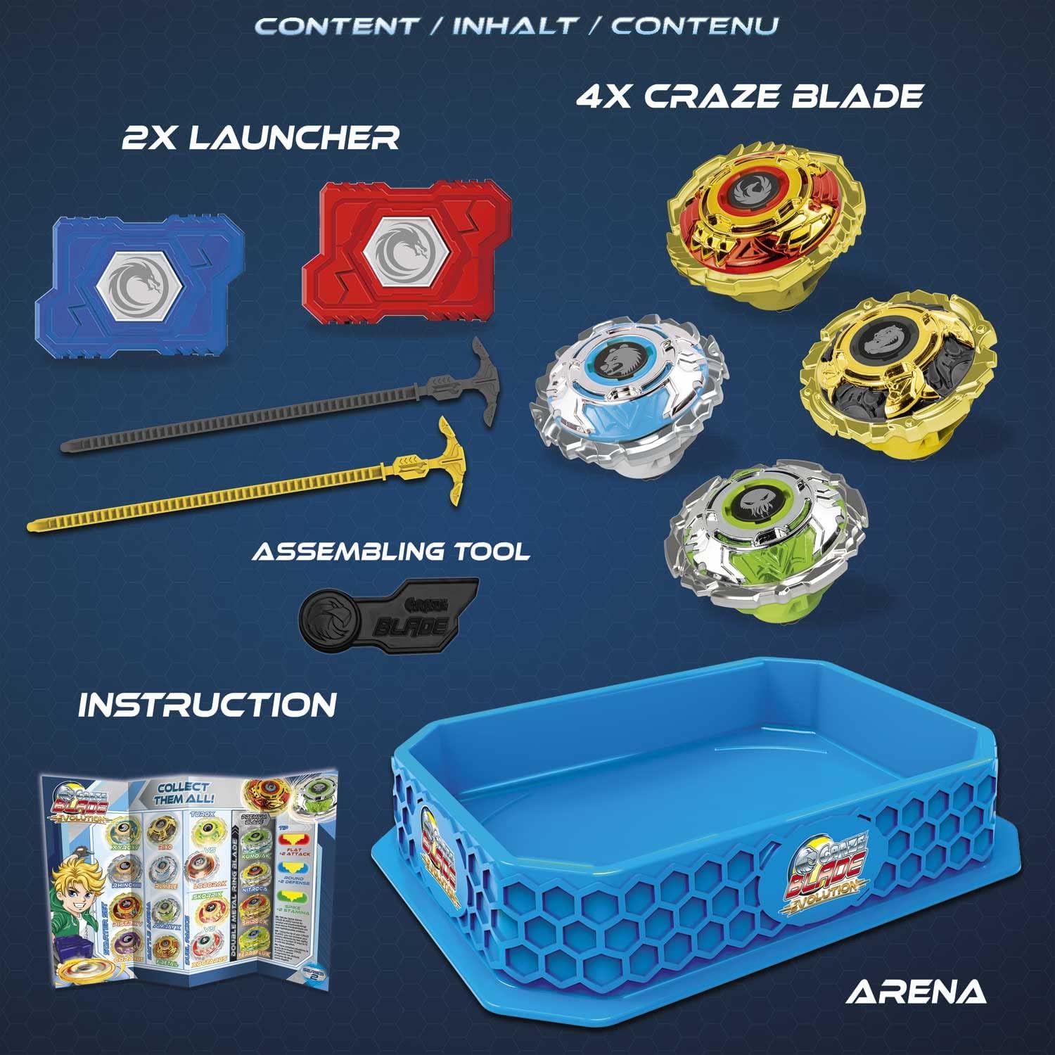 CRAZE BLADE XXL Battle Set - 4 Metal Spinning Tops with Launchers & Arena 5