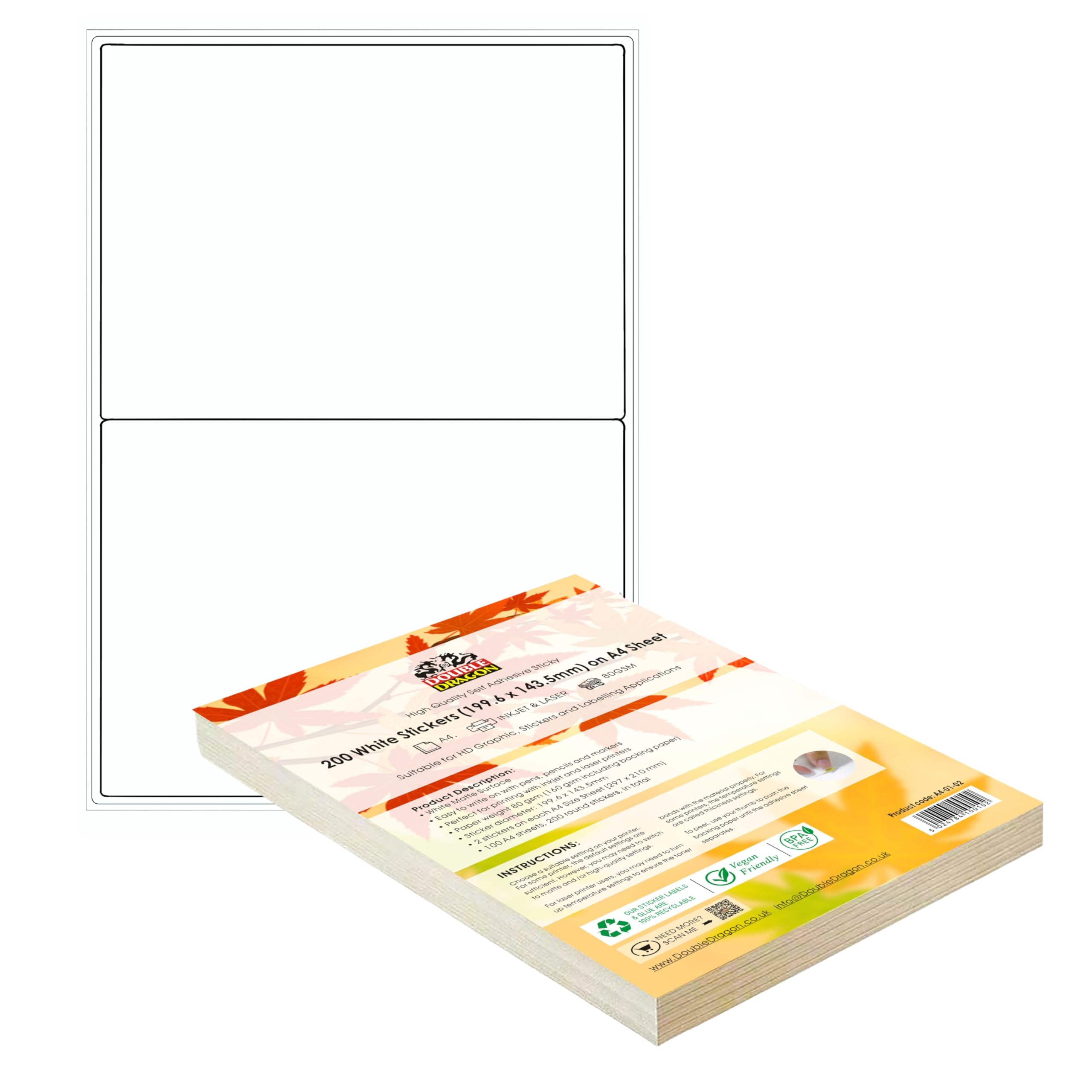 Double Dragon A4 Printer Labels - 100 Sheets, 2 Labels Per Sheet | Matte White Finish | L7168/J8168 Compatible