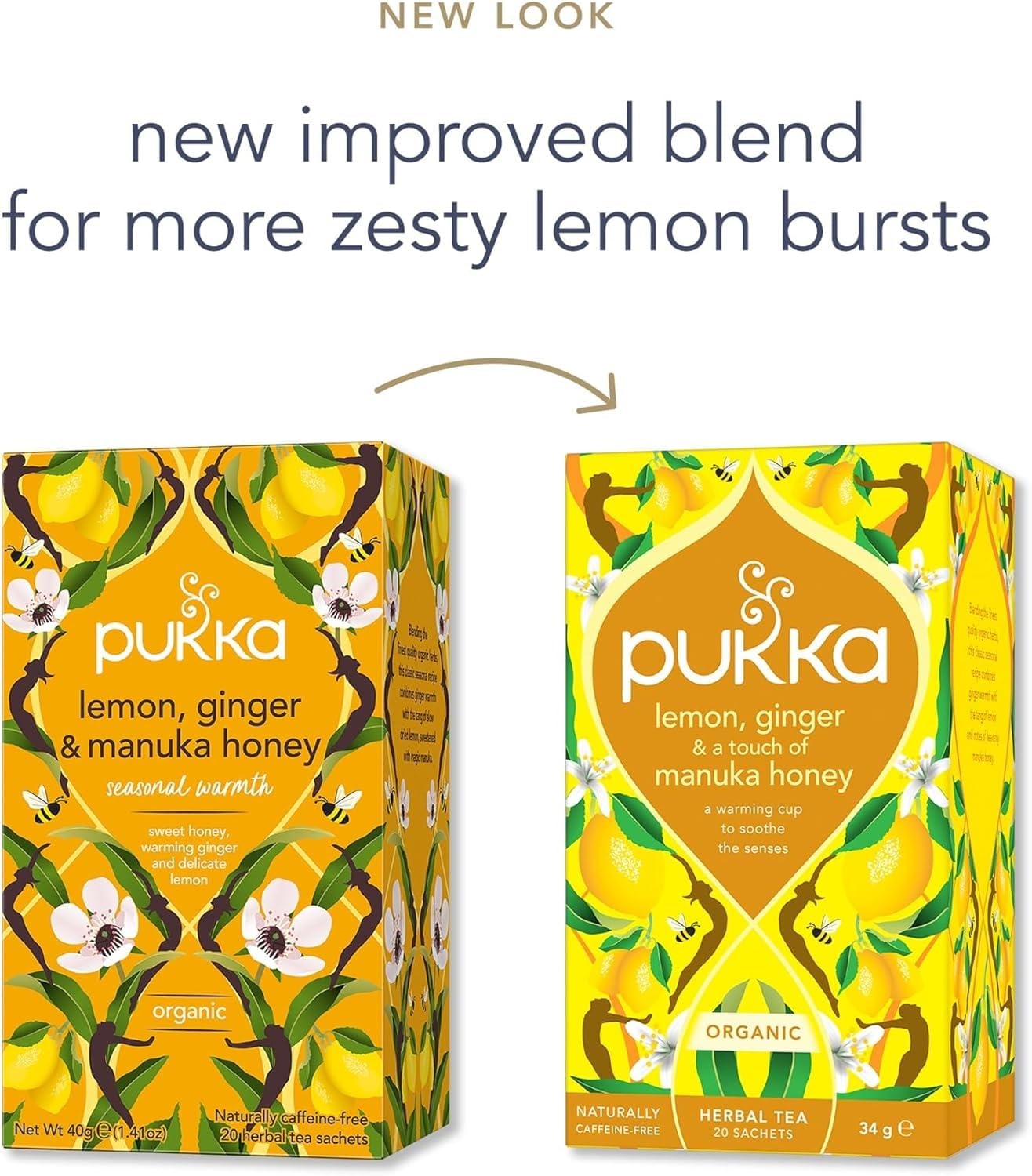 Pukka Herbs Organic Lemon, Ginger & Manuka Honey Herbal Tea - 80 Biodegradable Bags (4 Packs) | Immunity Support | Caffeine Free