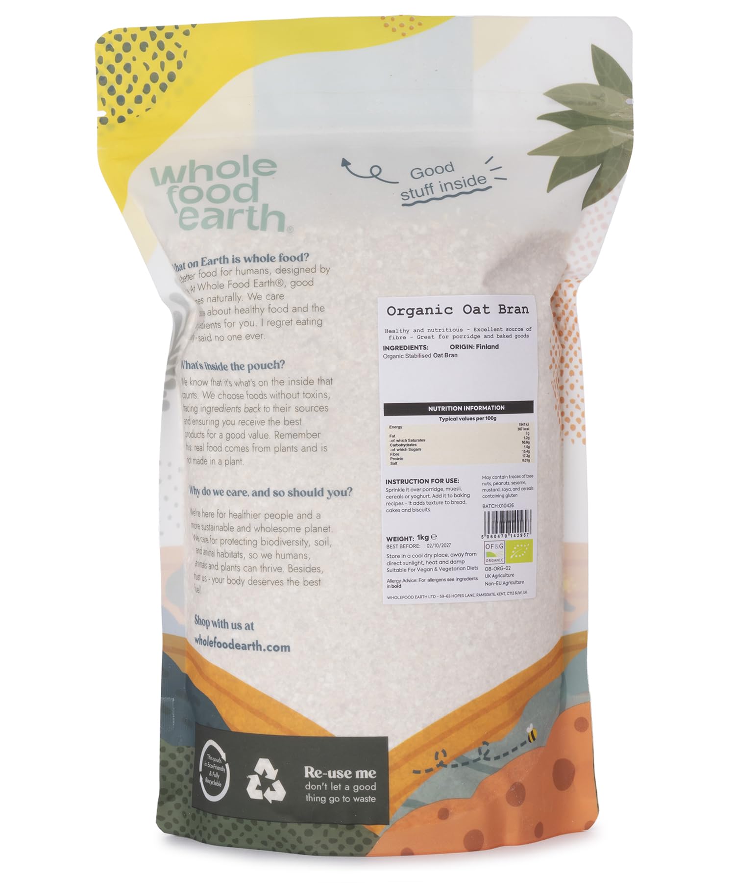 Wholefood Earth Organic Oat Bran - 1 kg | High Fibre | Stabilised