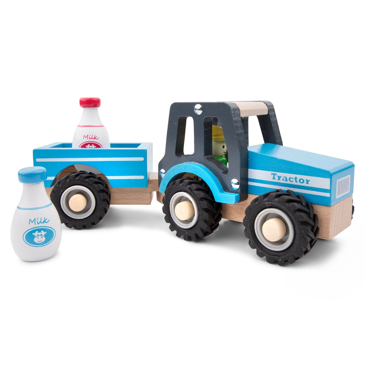 New Classic Toys Wooden Tractor with Trailer and Milk Bottles - Ages 1.5+