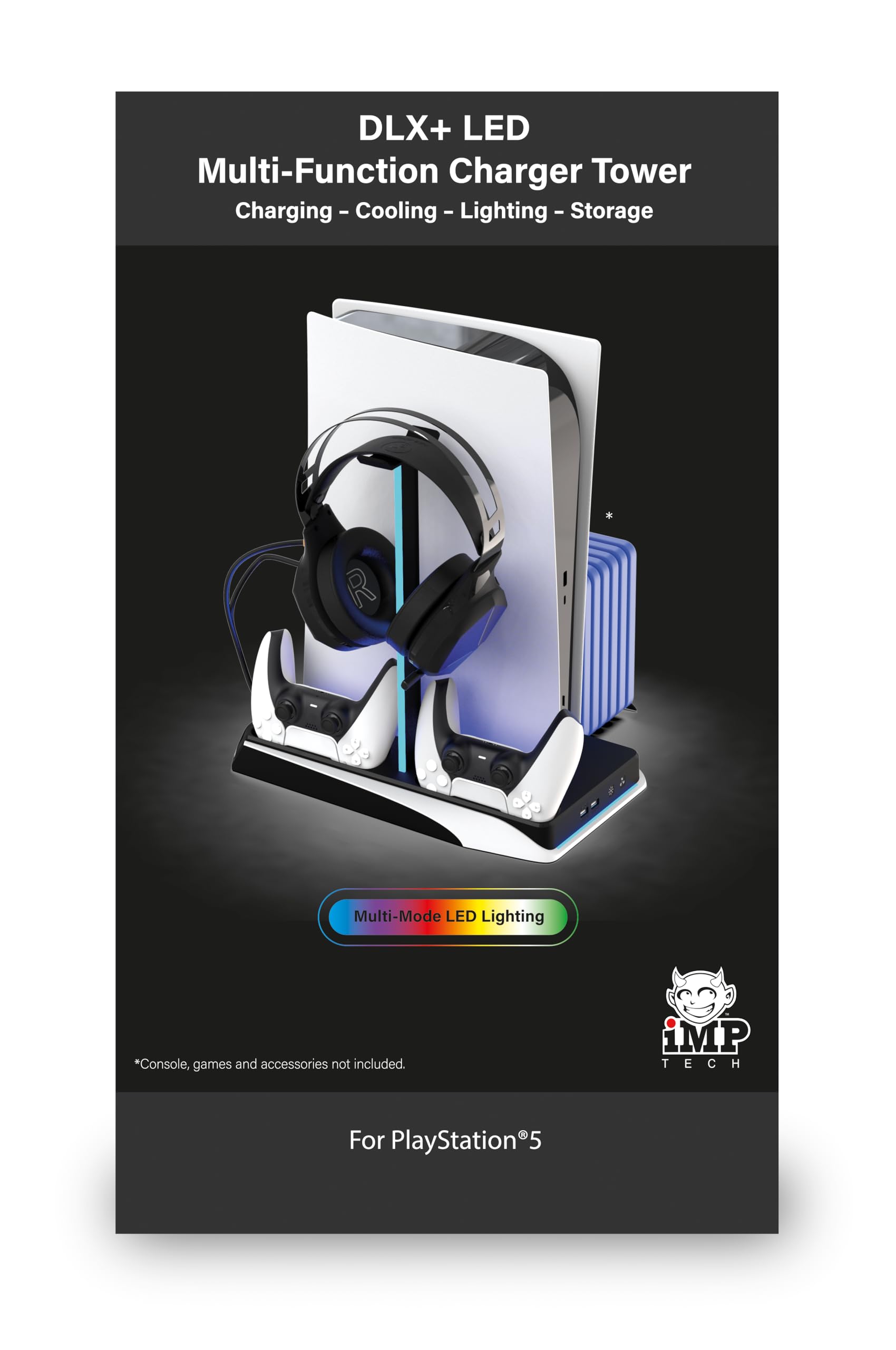 IMP Gaming DLX+ LED Charging Tower with Cooling Fans & Game Storage for PlayStation 5