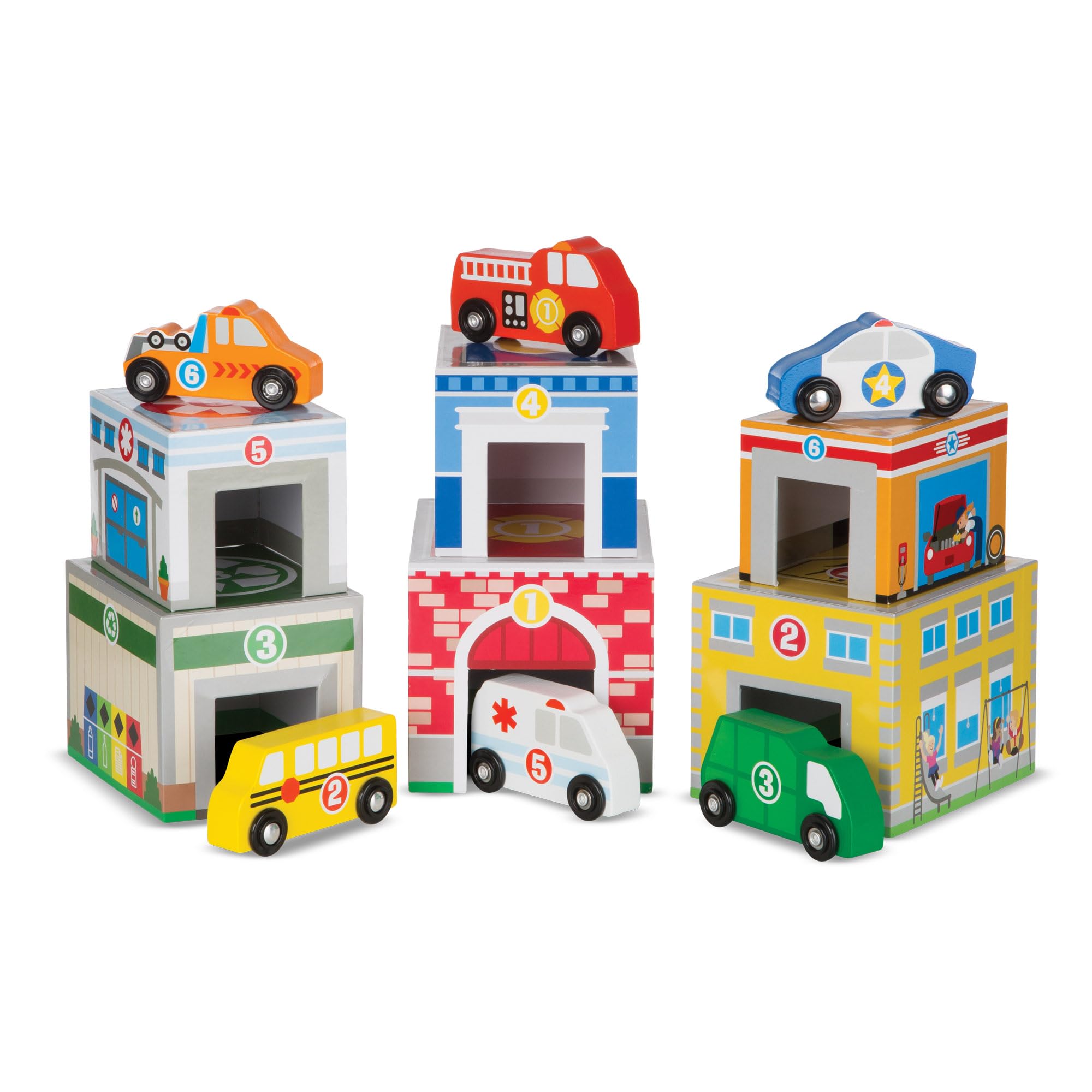 Melissa & Doug Nesting and Sorting Blocks – 6 Buildings & 6 Wooden Vehicles for Ages 2-5
