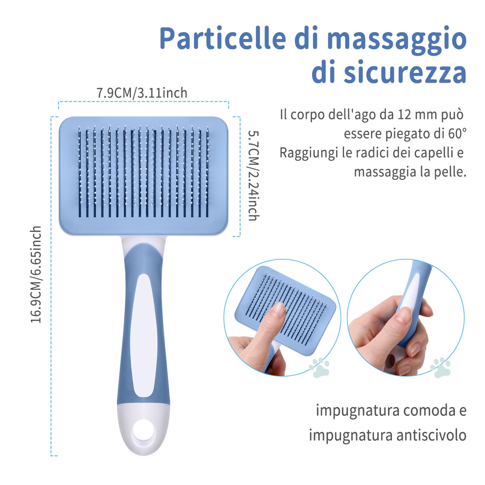 Vinabo Self-Cleaning Pet Brush for Dogs and Cats | Stainless Steel Bristles | Blue