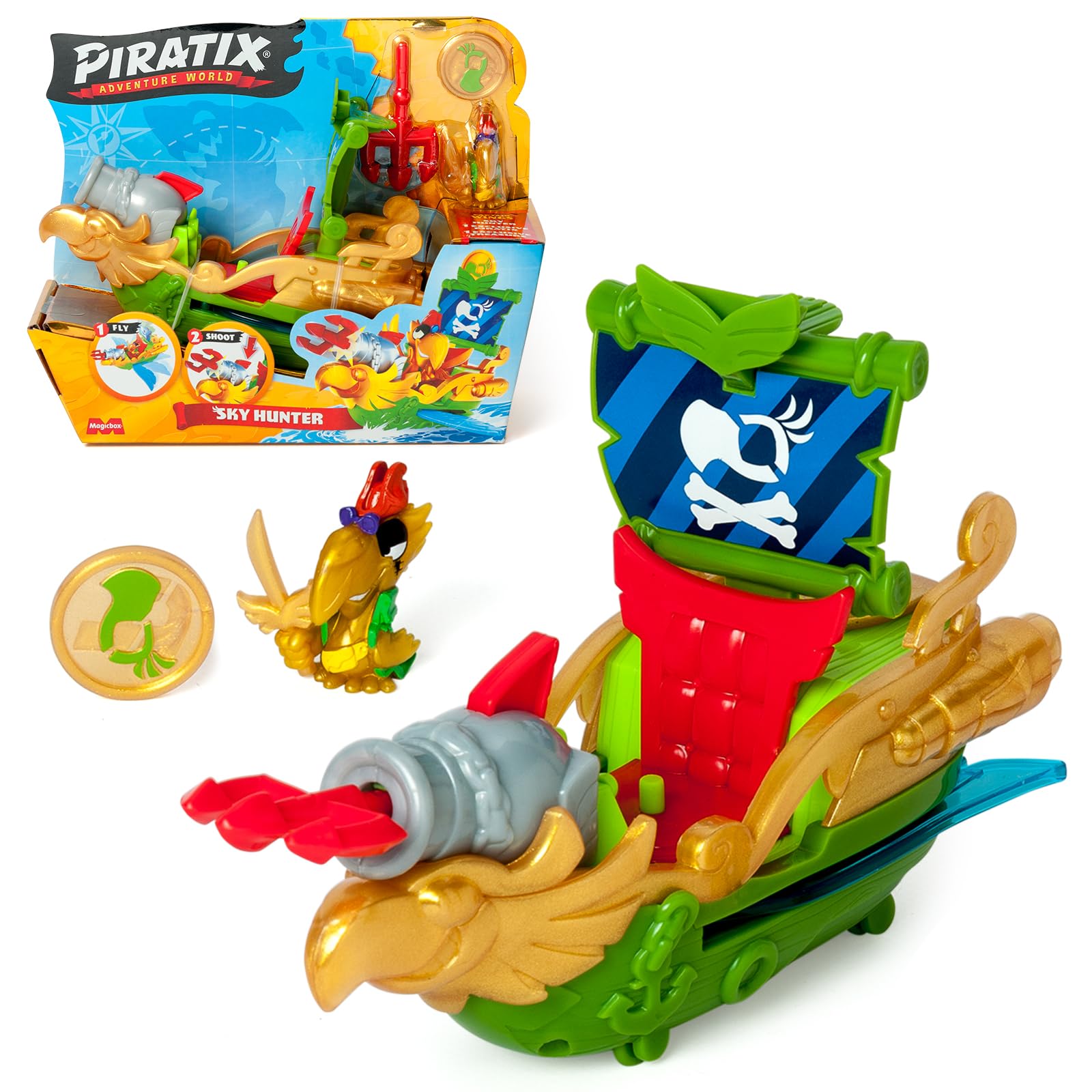 PIRATIX Sky Hunter Pirate Ship Playset - Parrot-Shaped Adventure Vehicle with Flapping Wings & Cannon for Kids 3+