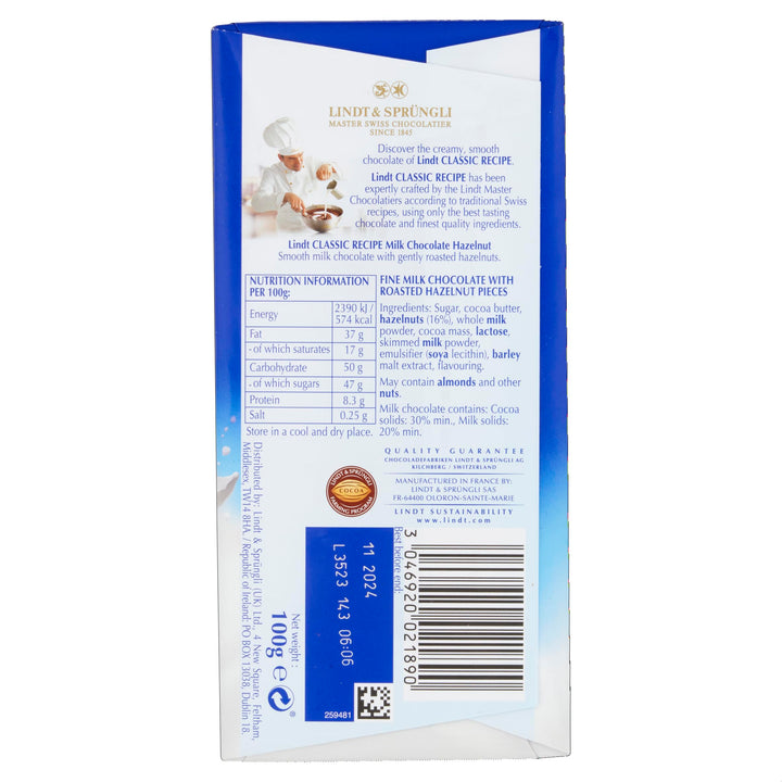 Lindt Classic Recipe Milk Hazelnut Chocolate Bar 100g