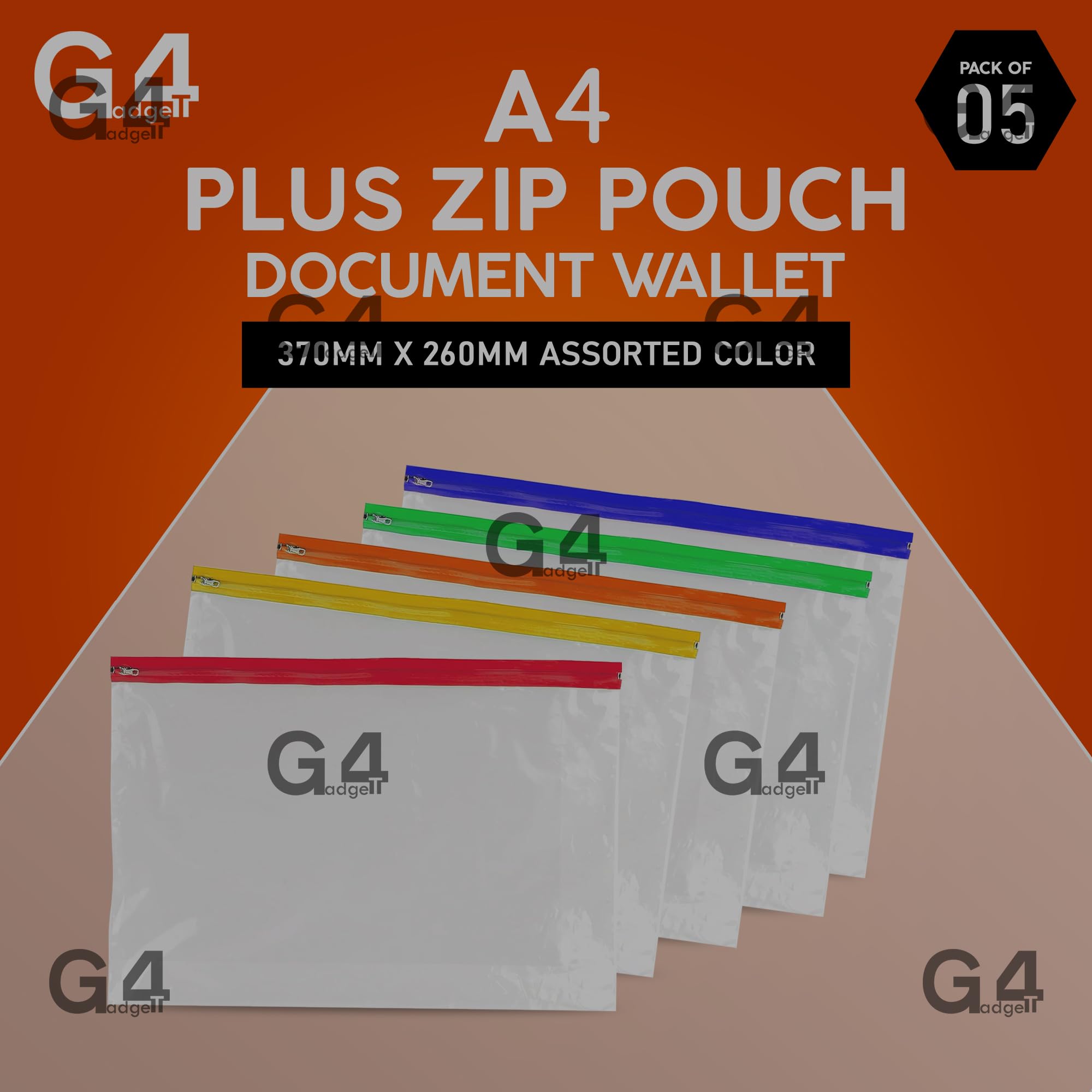 G4GADGET A4 Plus Zipper Pouch Document Bags - Pack of 5 | 370mm x 260mm | Assorted Colors 2