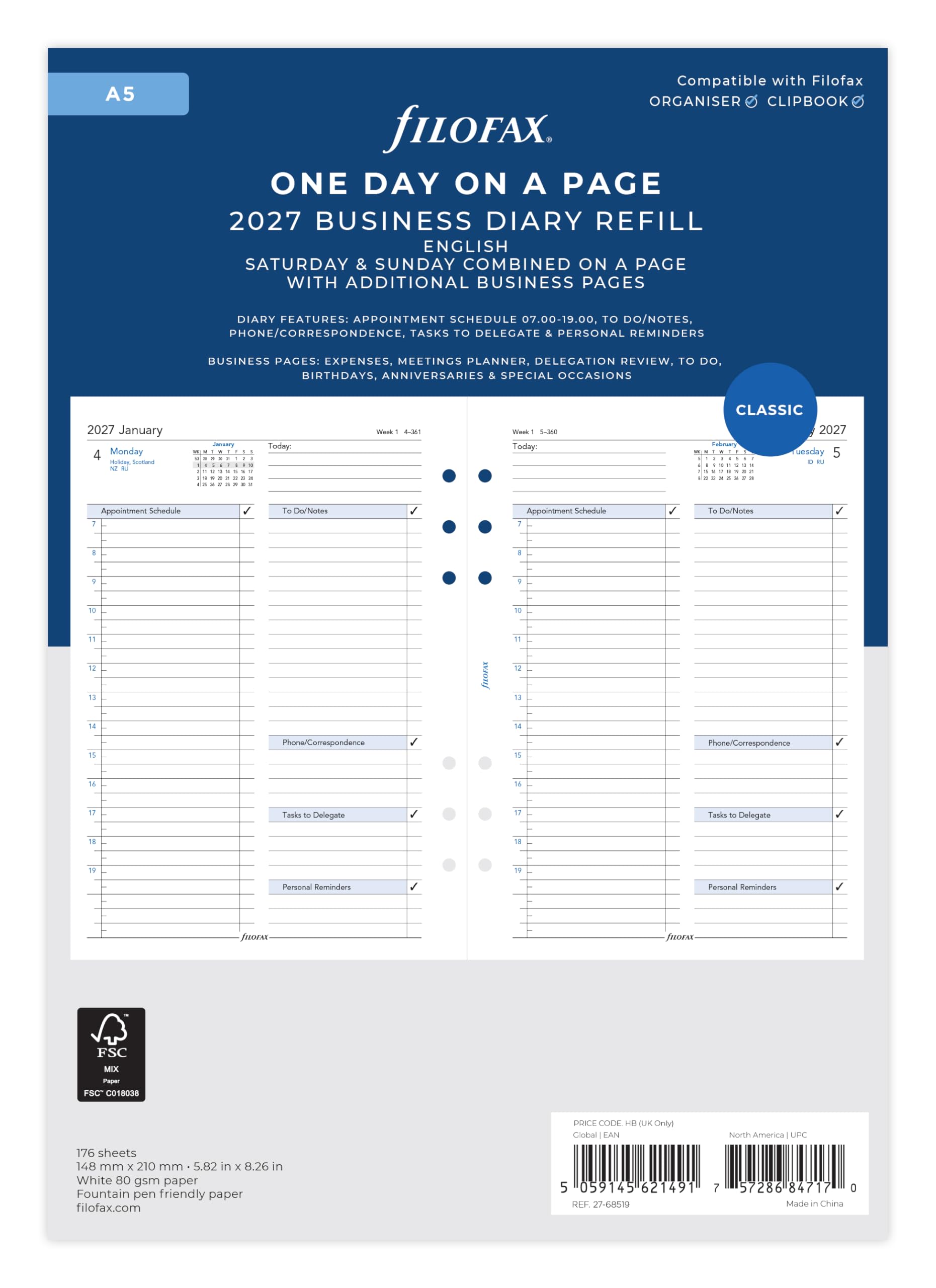 Filofax A5 2027 Diary Refill - Day Per Page with Appointments | English | 148mm x 210mm 1