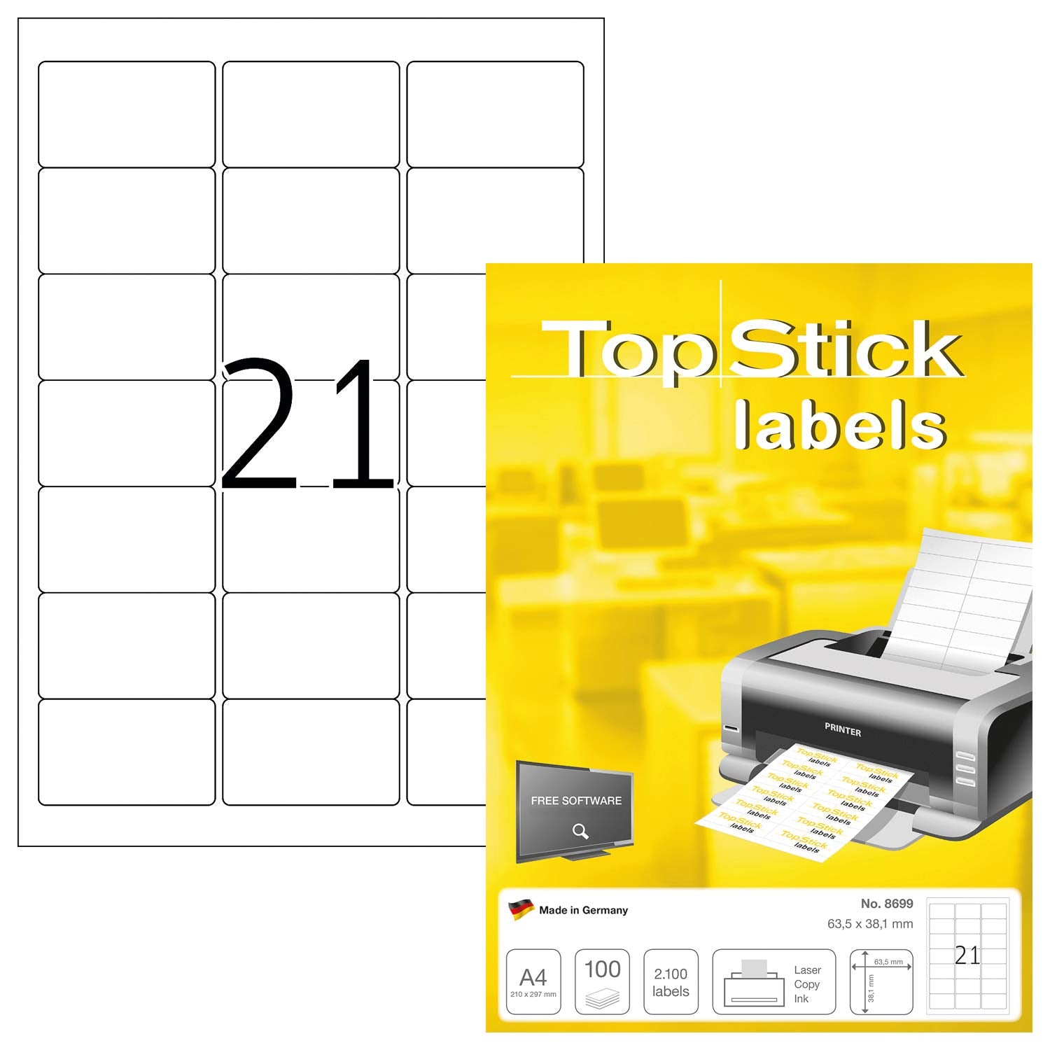 TopStick A4 Self Adhesive Address Labels, 21 Labels Per Sheet, 100 Sheets, 1