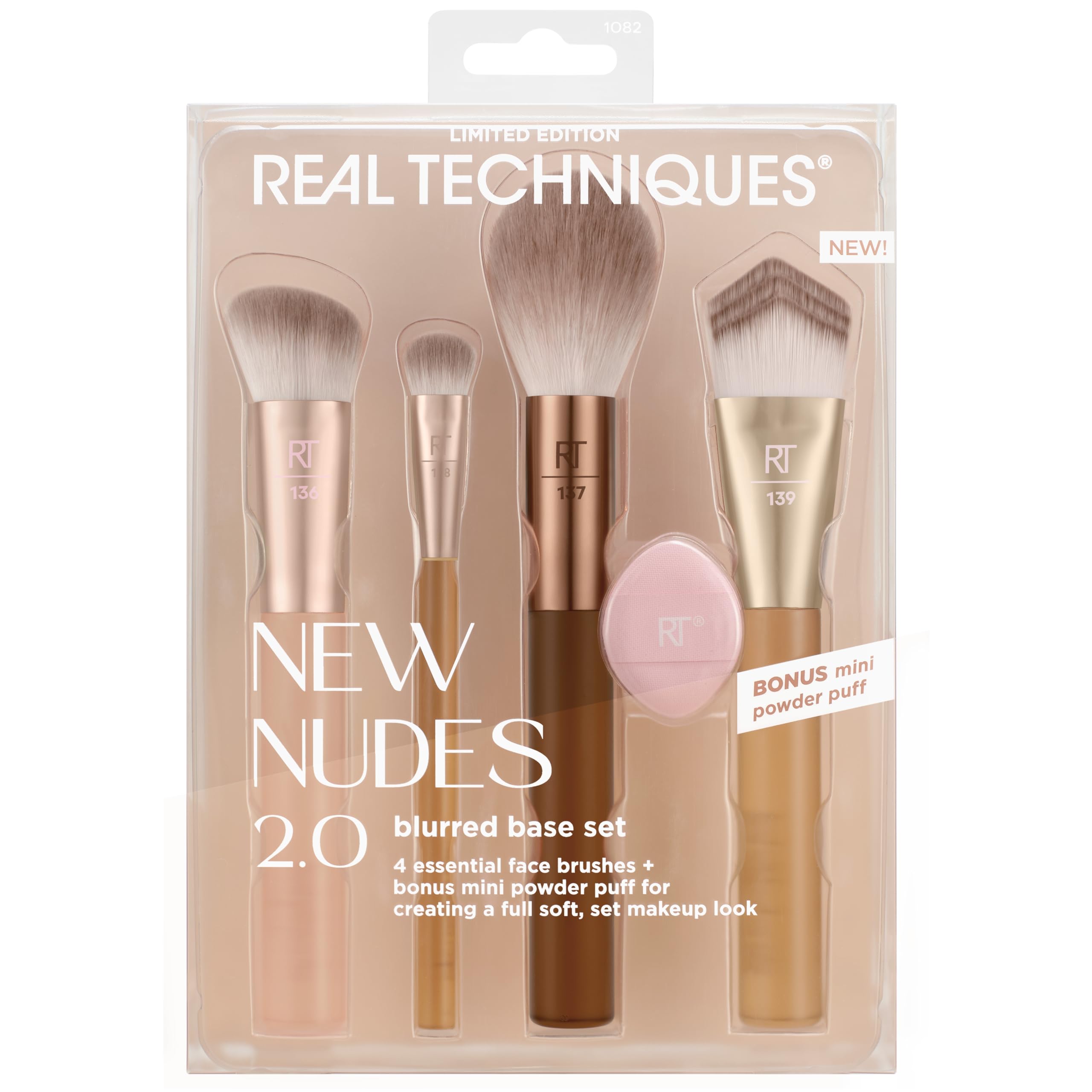 REAL TECHNIQUES New Nudes 2.0 Blurred Base Kit - 5 Piece Face Makeup Brush Set with Mini Powder Puff