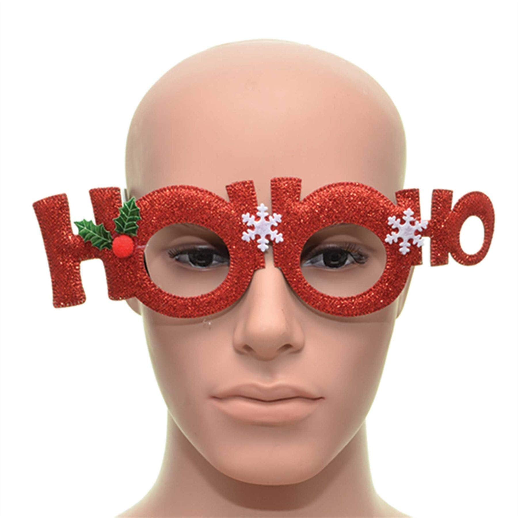 SHATCHI Red Ho Ho Ho Christmas Glasses - Plastic Novelty Party Specs with Snowflakes & Holly Leaves