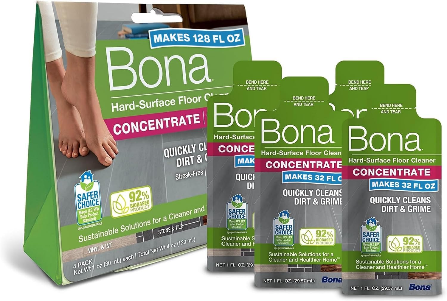 Bona Hard-Surface Floor Cleaner Liquid Concentrate Pouches for Tile, Laminate & LVT | 4 x 60ml