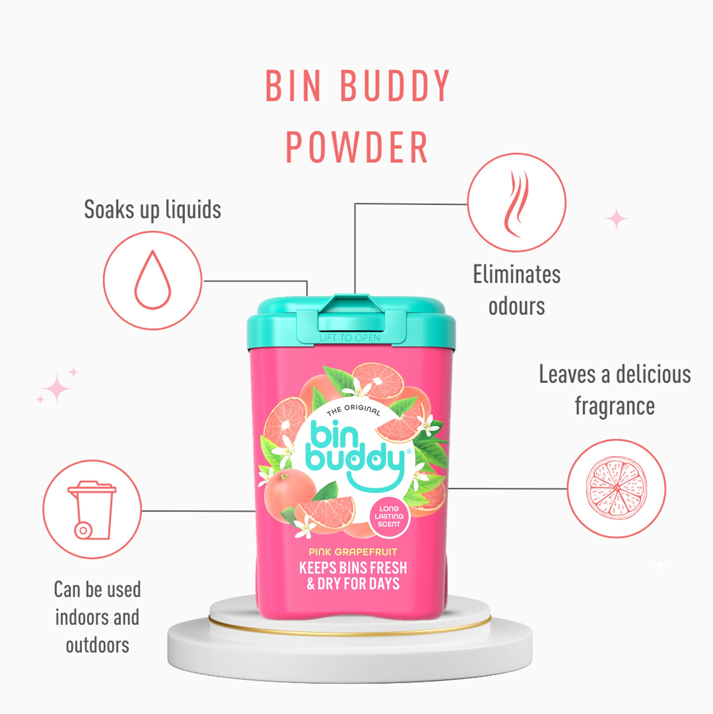 Bin Buddy Pink Grapefruit Bin Deodoriser Powder - Absorbs Mess & Eliminates Odour | Pack of 3 (450g Each) 8
