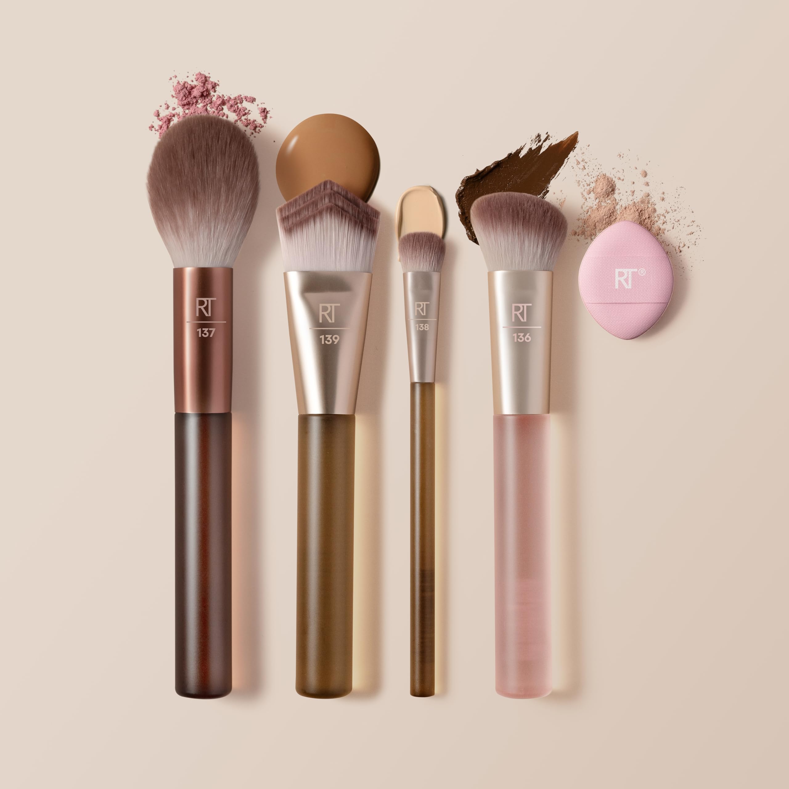 REAL TECHNIQUES New Nudes 2.0 Blurred Base Kit - 5 Piece Face Makeup Brush Set with Mini Powder Puff
