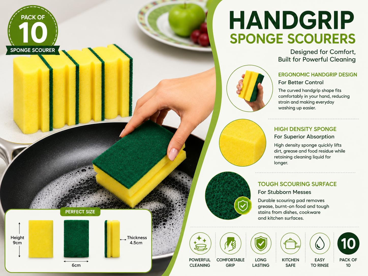 STERLING PRODUCTS Hand Grip Sponge Scourers - Heavy Duty Kitchen Cleaning | 10 Pack | Yellow Green