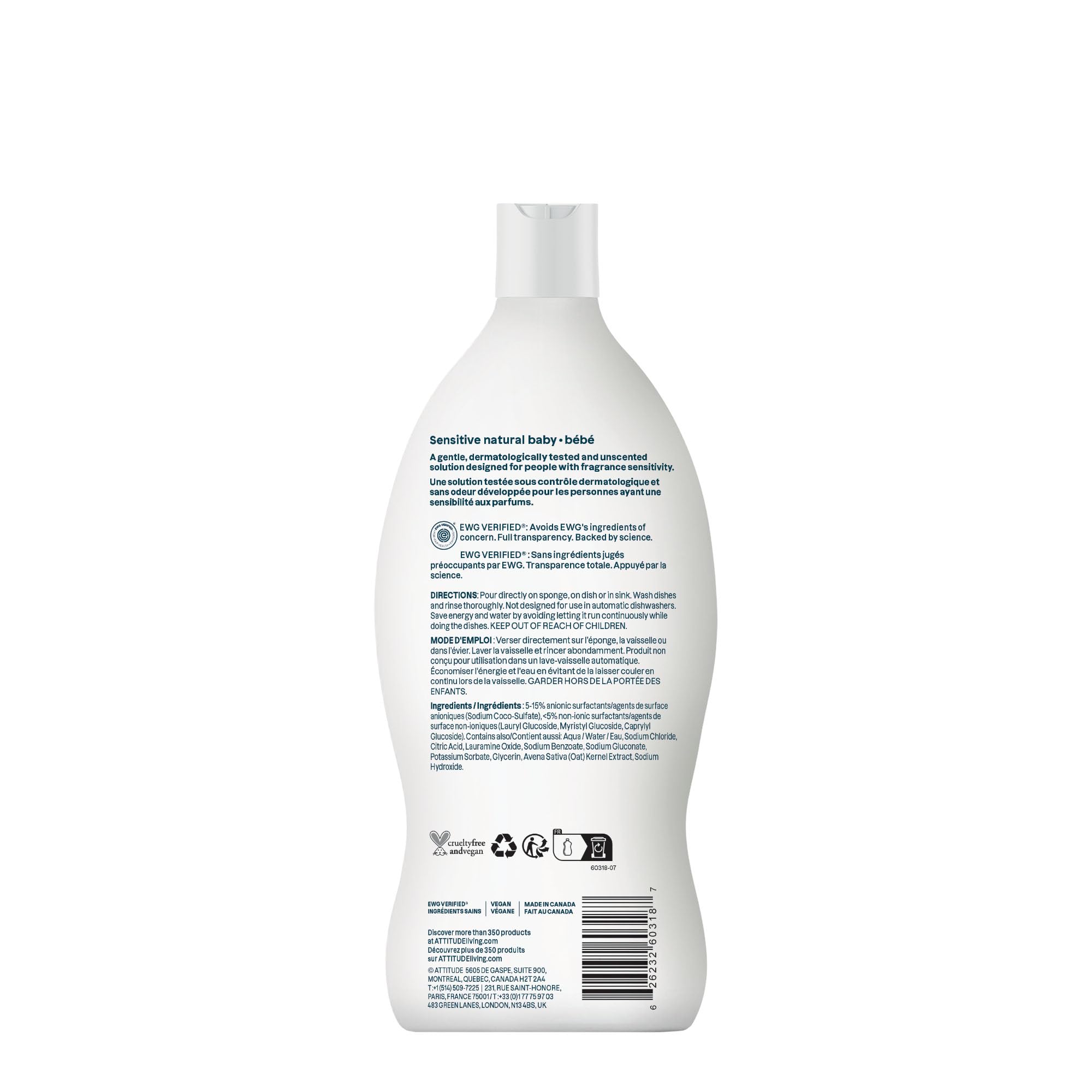 ATTITUDE Sensitive Skin Baby Natural Bottle and Dishwashing Liquid - EWG Verified, Unscented, Vegan Formula, 700 ml 8