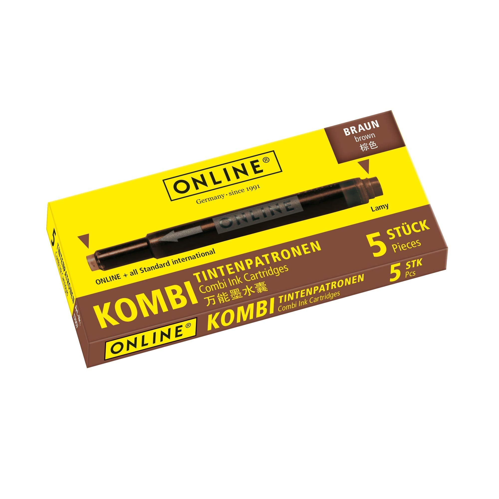 Online Universal Double-Sided Fountain Pen Refills - Brown Ink | 5 Cartridges | Compatible with Lamy