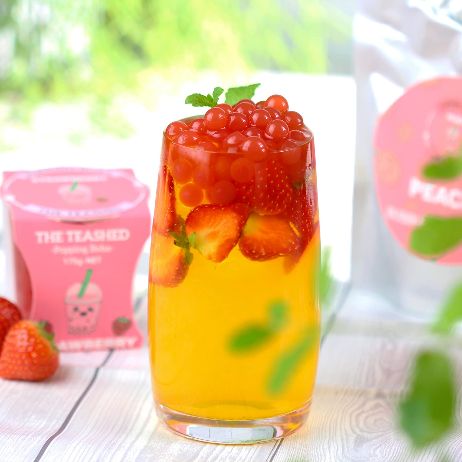 The TeaShed Bubble Tea Syrup Kit Gift Set - 3 Servings | Strawberry Popping Boba & Peach Syrup 3