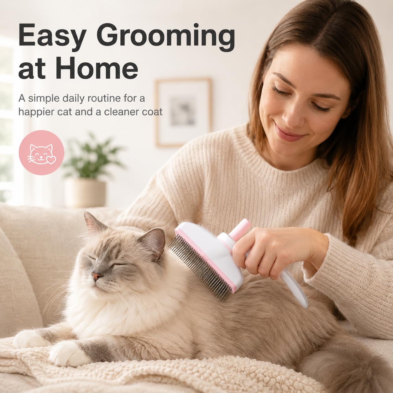 JADUFHU Self-Cleaning Cat Grooming Brush - Undercoat Removal | Stainless Steel Bristles | Pink 5