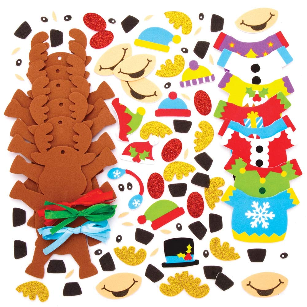 Baker Ross Reindeer Christmas Sweater Ornament Kits - Pack of 6, Glue-Free DIY Craft for Kids 5