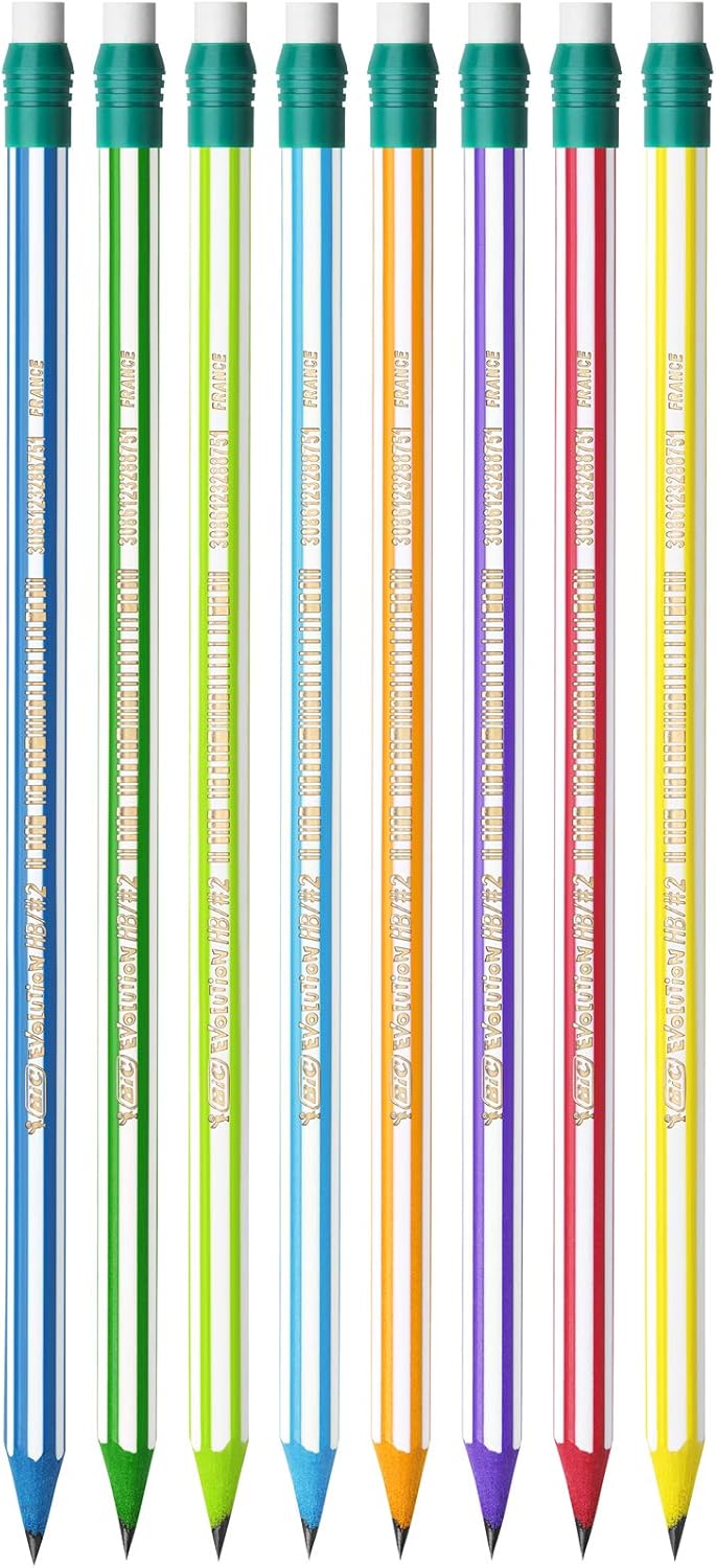 BIC Evolution Graphite Pencils - Pack of 8 - HB Pencils with Eraser - Colourful Stripe Design and Shock-Resistant Lead 5