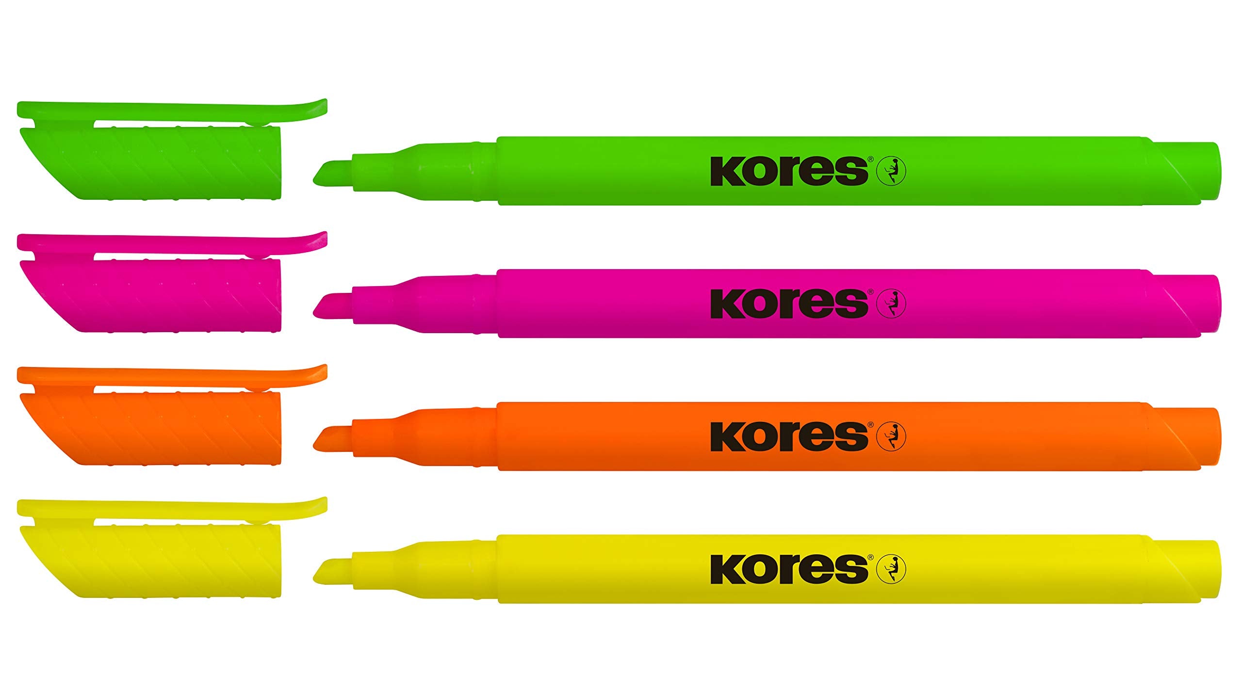 Kores High Liner Neon Highlighter Pens - Set of 4 | Chisel Tip 1-4mm | Water-Based Ink