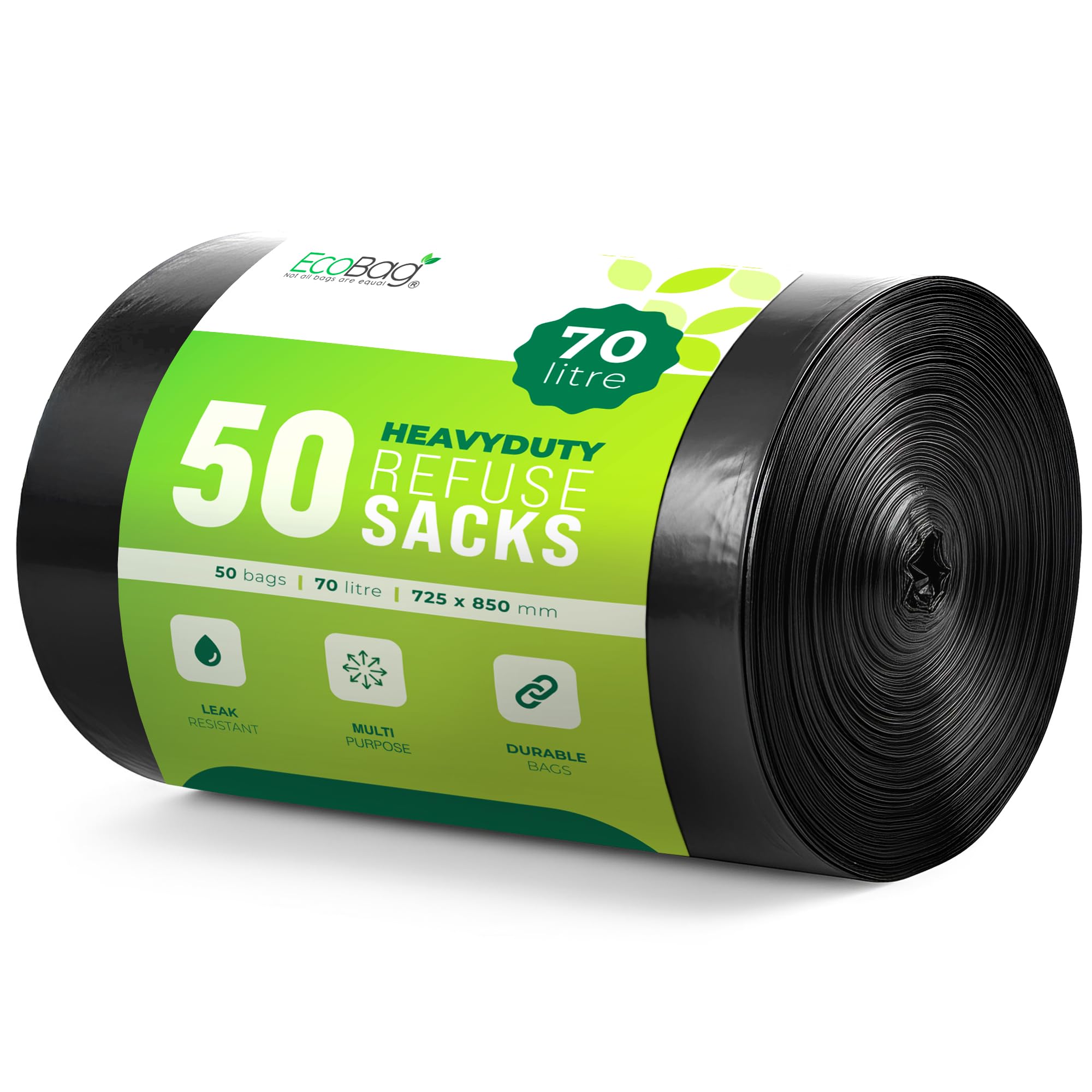 EcoBag Heavy Duty Refuse Sacks - 50 Pack, 70L Capacity, Made with 98% Recycled Plastic 1