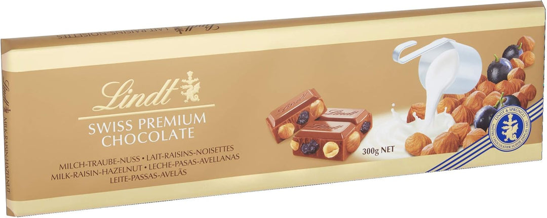 Lindt Swiss Milk Chocolate Hazelnut and Raisin Gold Bar 300g