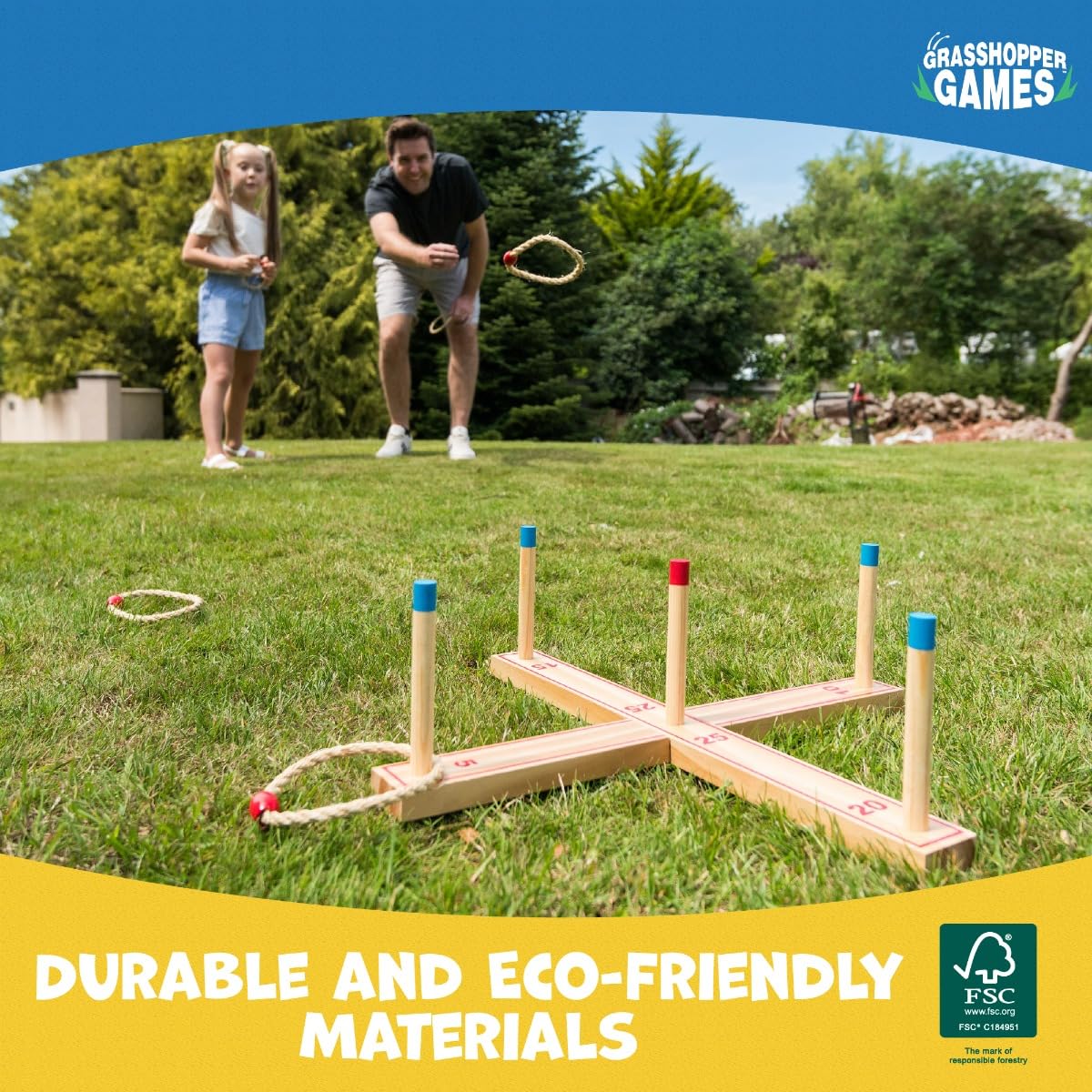 Grasshopper Games Wooden Ring Toss Game Set | FSC-Certified Wood | Indoor/Outdoor Play | Ages 3+ 4