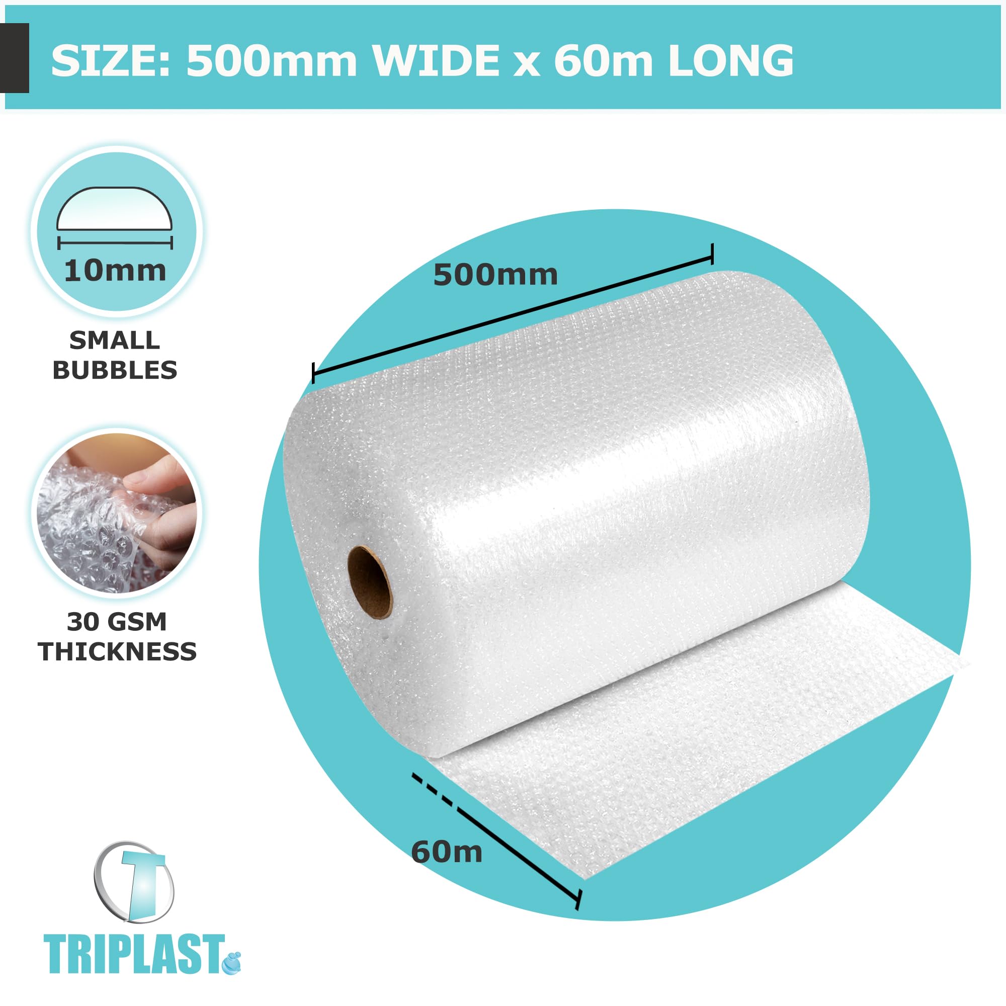 Triplast Bubble Wrap Roll - 500mm x 60m | 30gsm Thickness | Small Bubble (10mm)