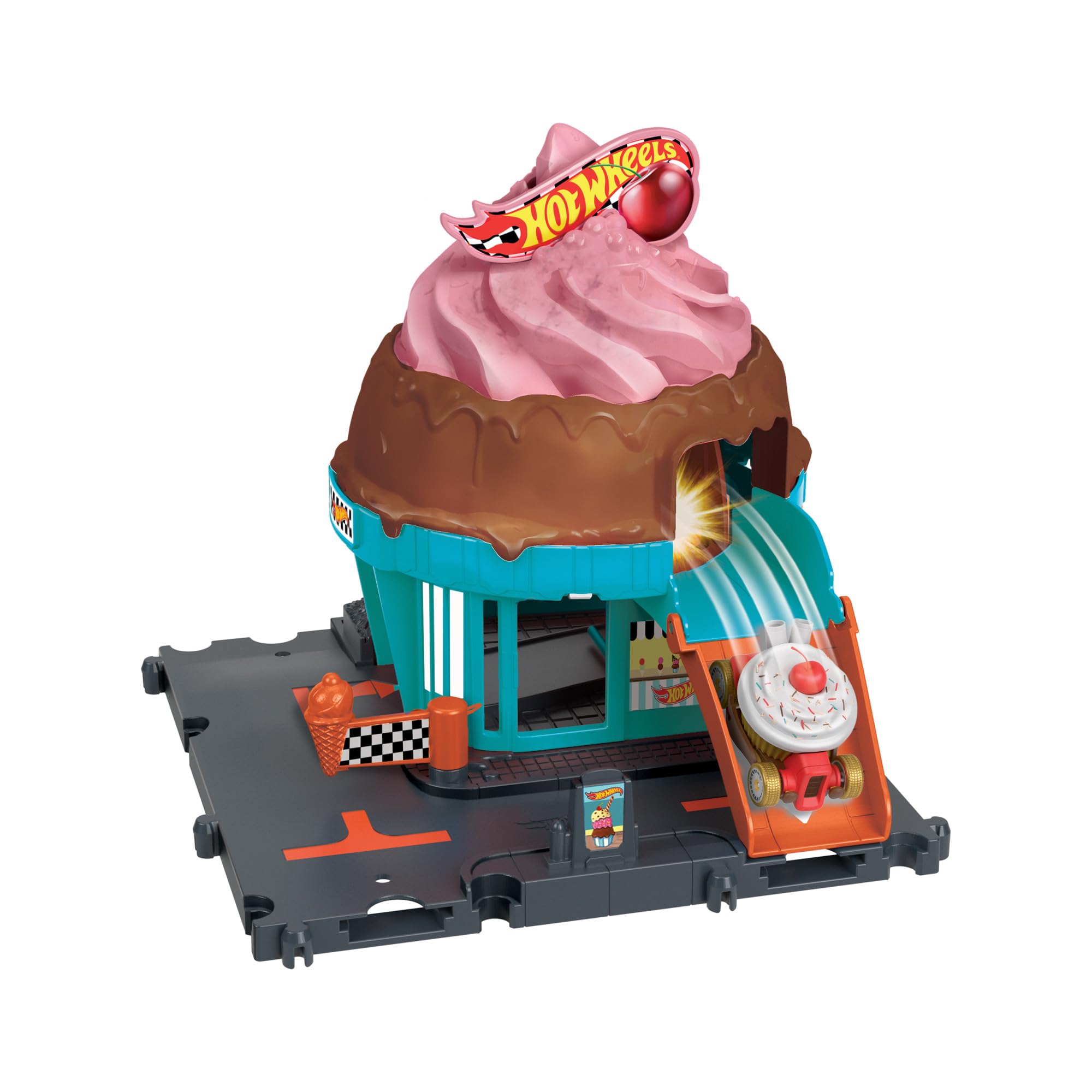 Hot Wheels City Downtown Ice Cream Swirl Playset - Track Set with 1:64 Car, Connects to Other Sets, Inspired by Netflix "Let's Race", HTN77 1