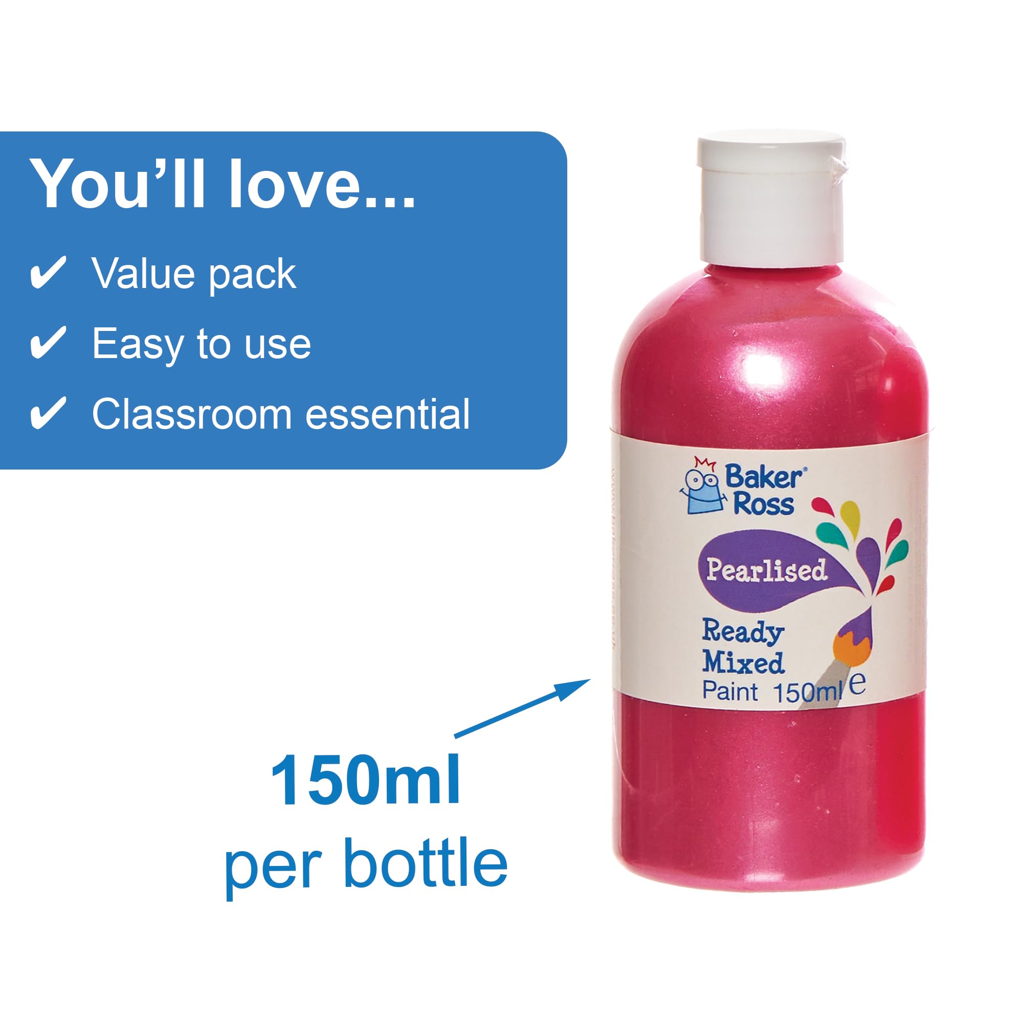 Baker Ross FN254 Pearlised Ready Mixed Poster Paint Pack - 6 x 150ml Bottles | Washable 3