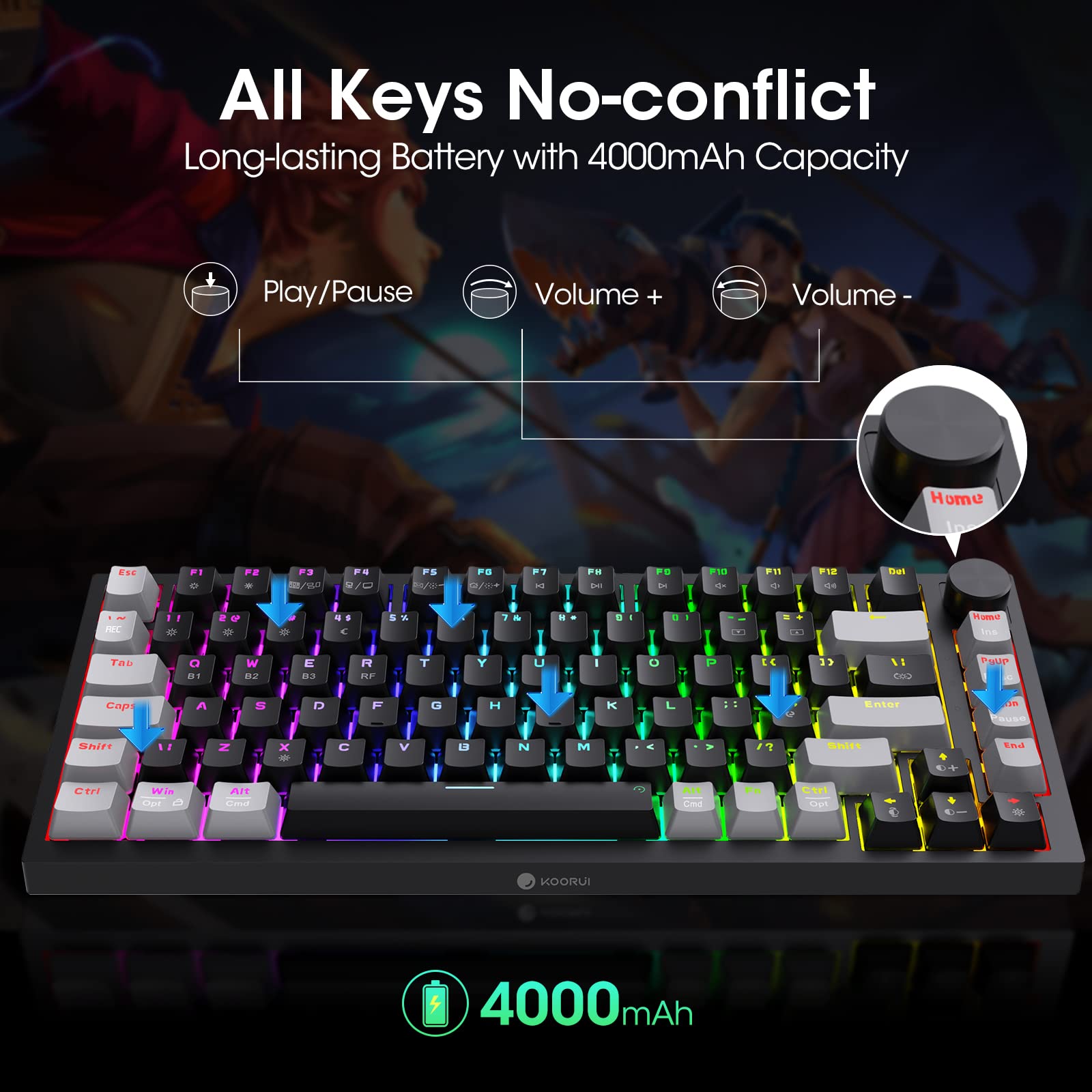 KOORUI MK082 82-Key Mechanical Gaming Keyboard - RGB Backlit, Wireless/Wired, Red Switch 3
