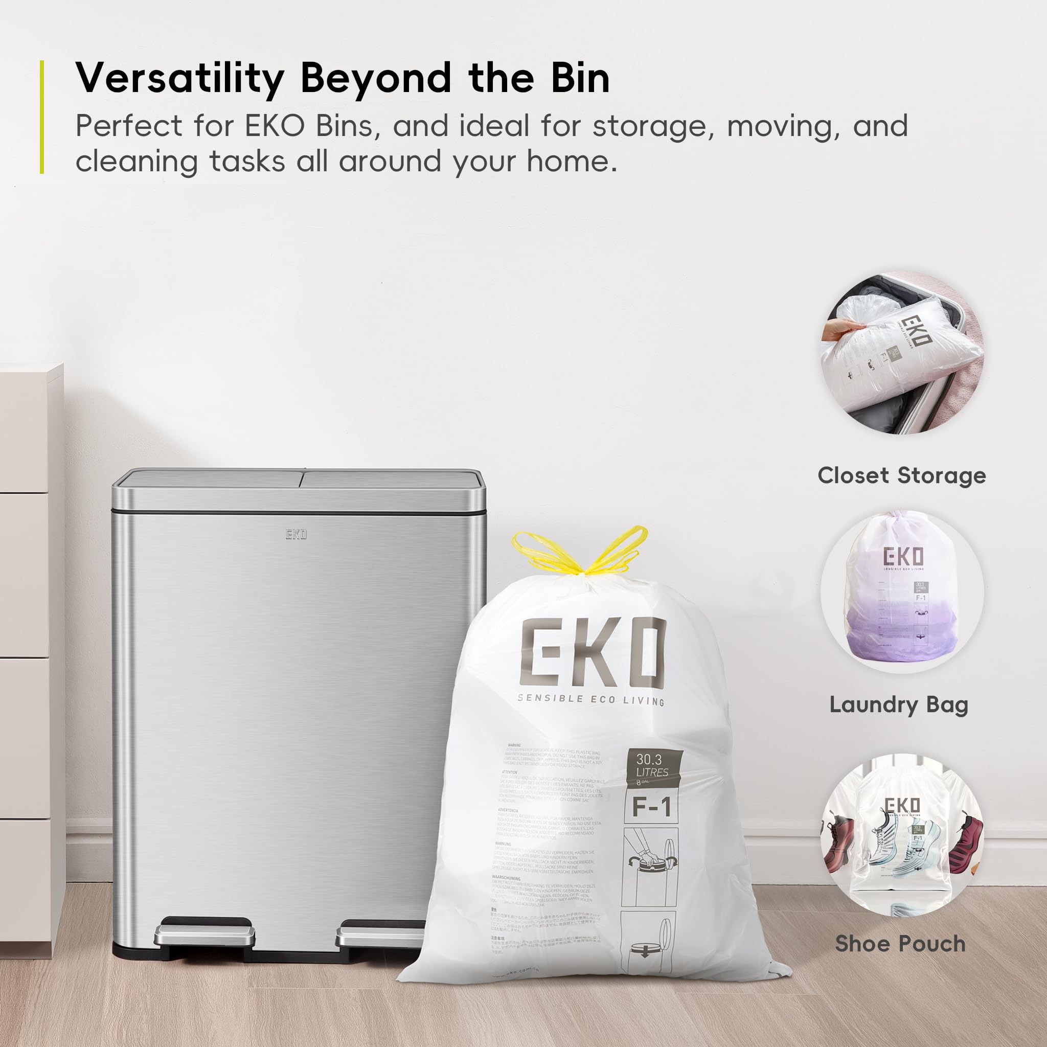EKO 18-30L Drawstring Bin Bags - Heavy Duty, Leakproof, Unscented | 20 Count White 9