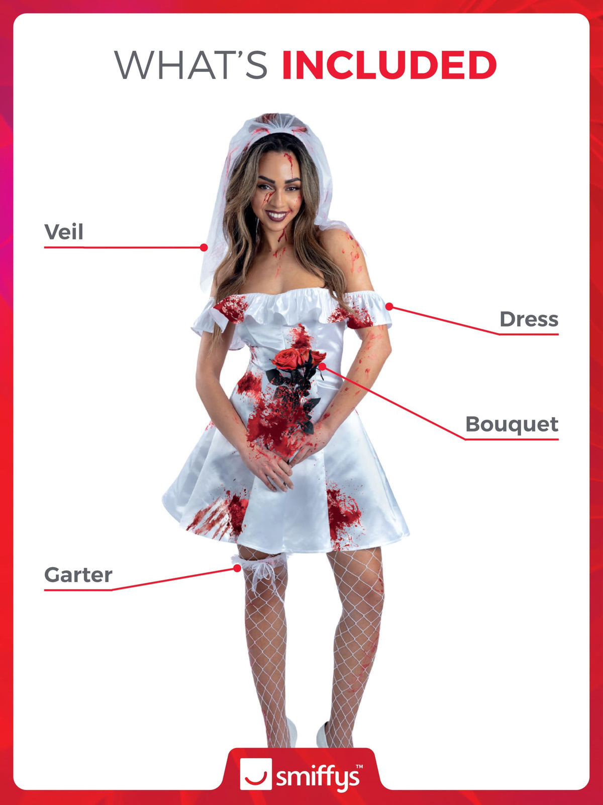 Smiffys Fever Bloody Bride Costume - Adult Fancy Dress, Size 12-14