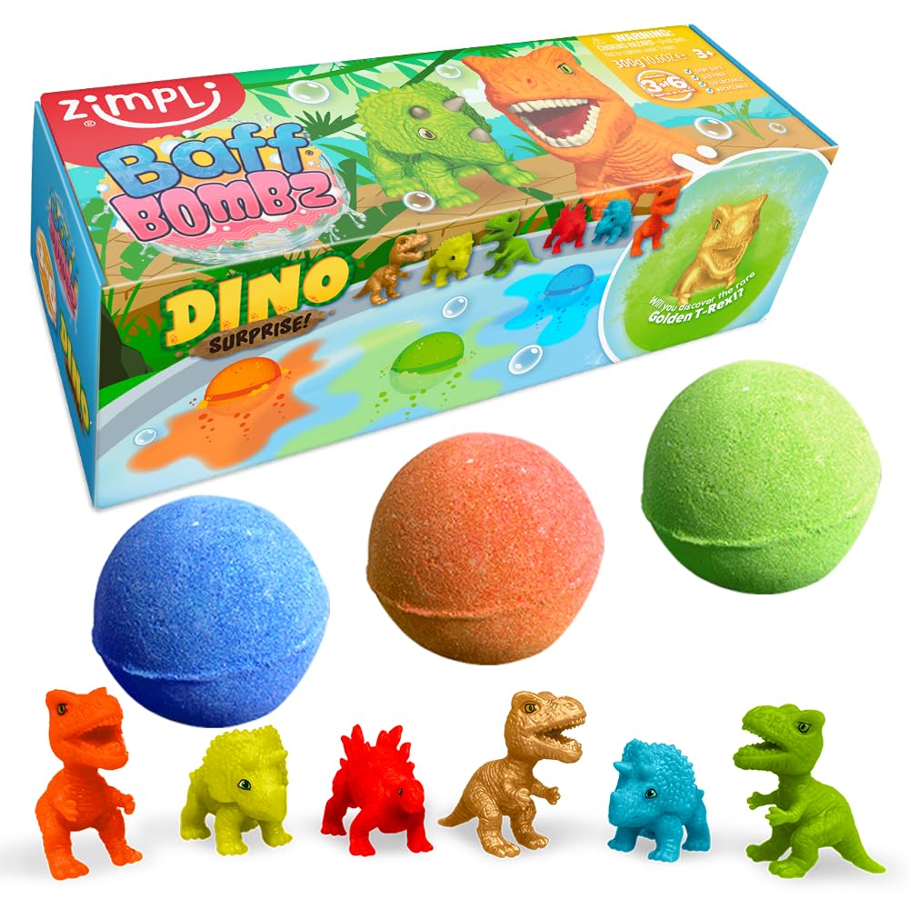 ZIMPLI 3 Pack Dino Surprise Bath Bombs with Hidden Dinosaur Toy | Fruity Scent | Ages 3+ 1