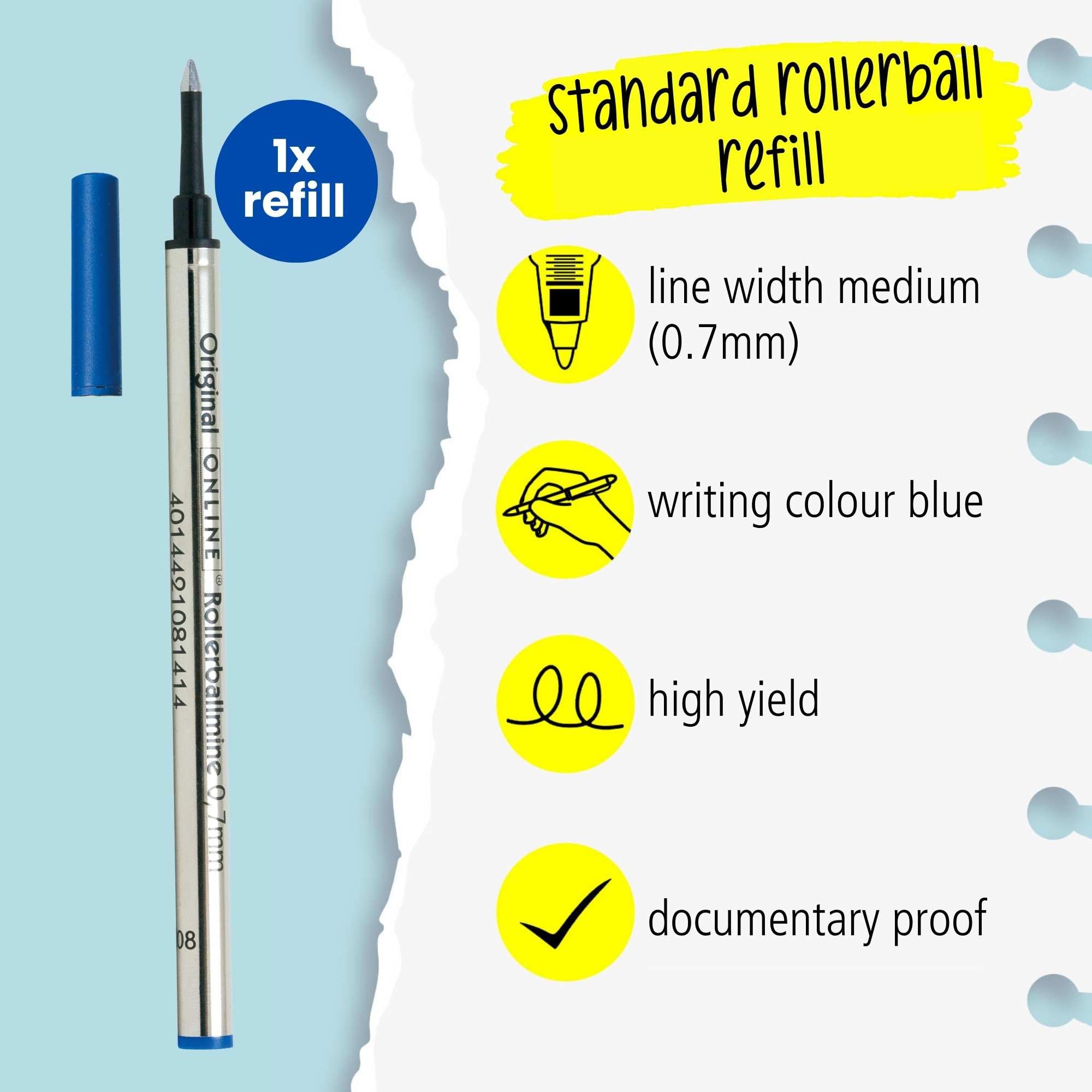 Online Rollerball Pen Refill - 0.7mm Line Width, Blue Ink, ISO 14145-2 Certified | Metal Housing