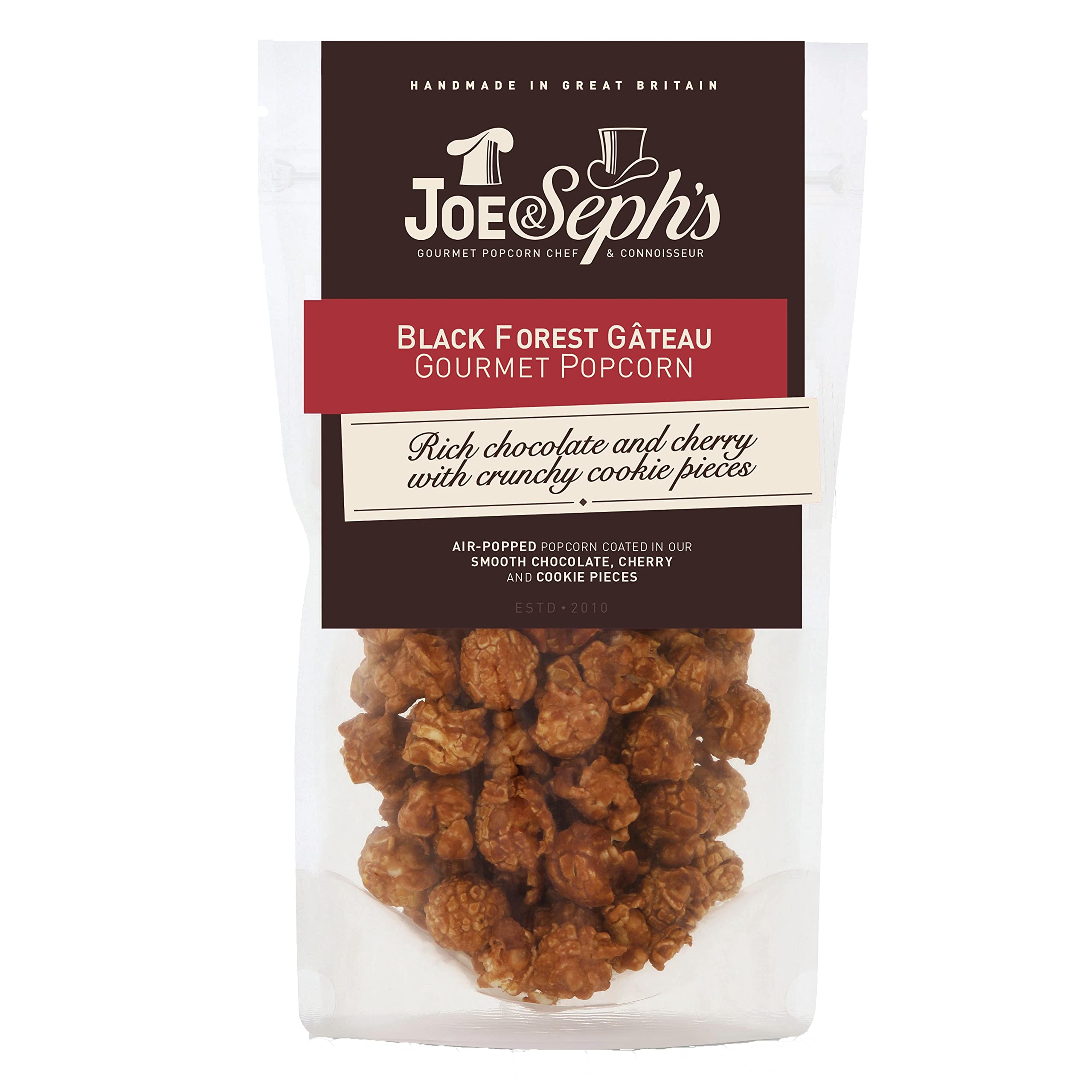 Joe & Seph's Black Forest Gâteau Gourmet Popcorn, 70g - Handmade Air-Popped Snack with Belgian Chocolate & Cherry