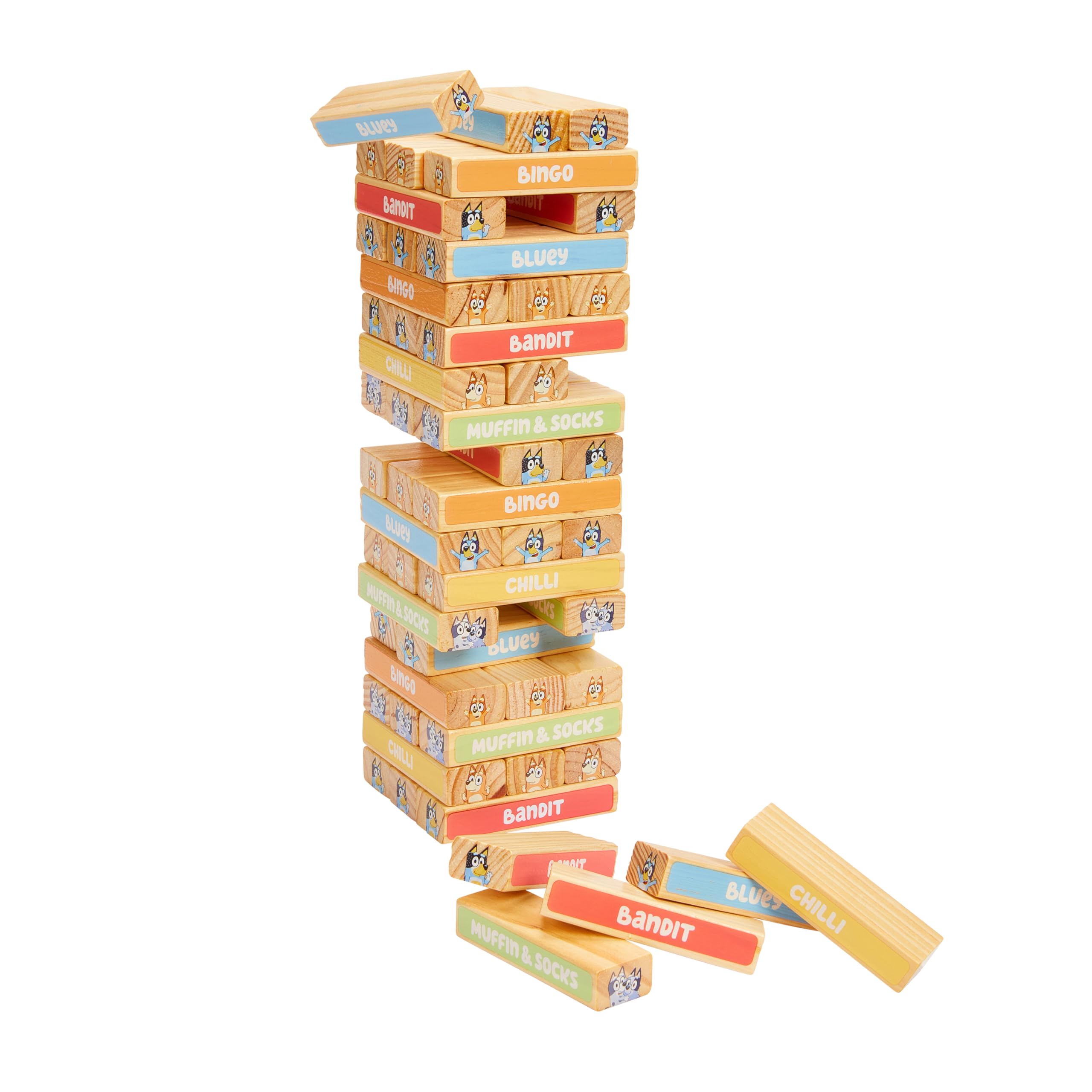 Bluey Tumbling Tower Game - 54 FSC-Certified Wooden Blocks for Stacking Fun