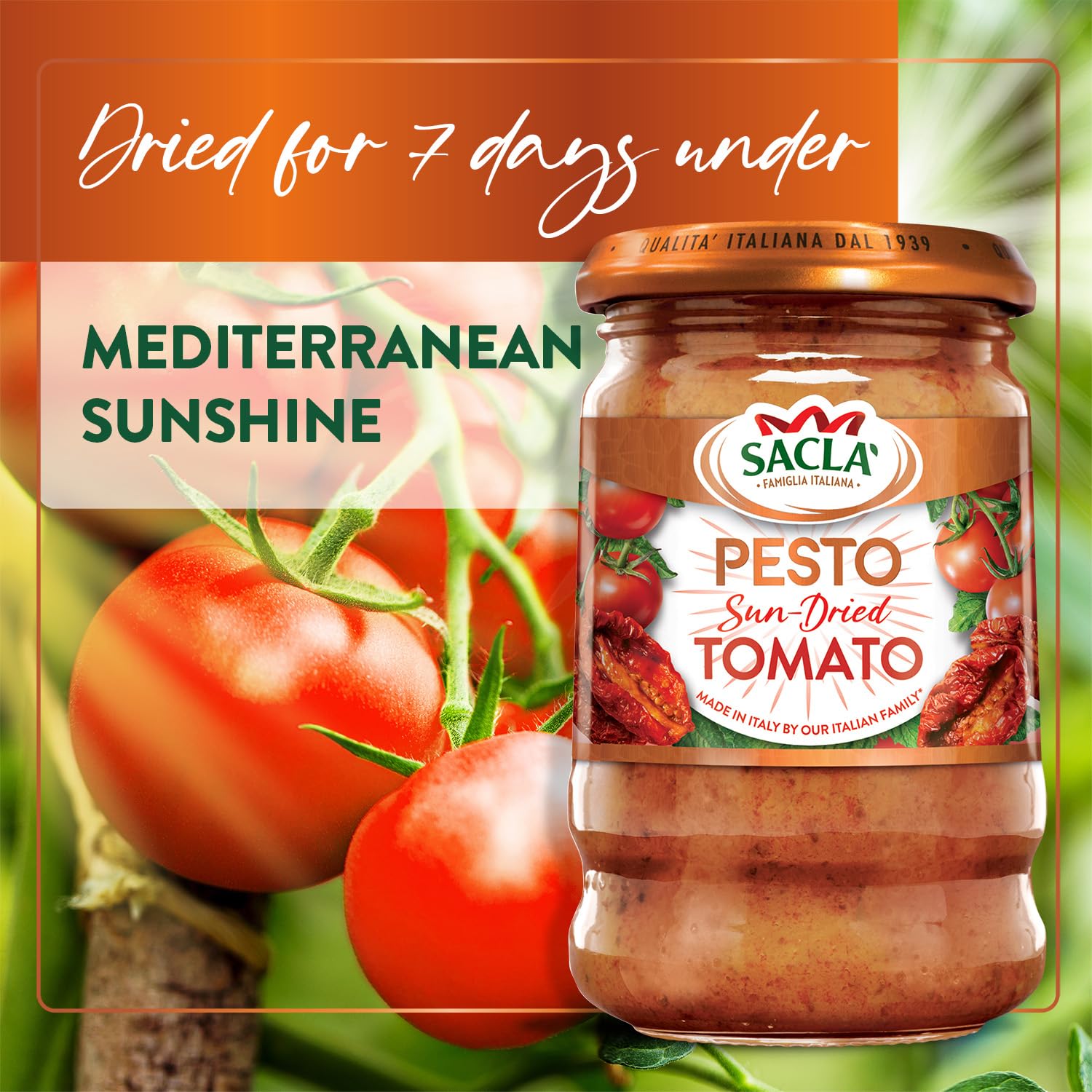 Sacla Pesto Italian Sun Dried Tomato Sauce - 190g | Made with Basil, Parmigiano Reggiano & Cashew Nuts 7