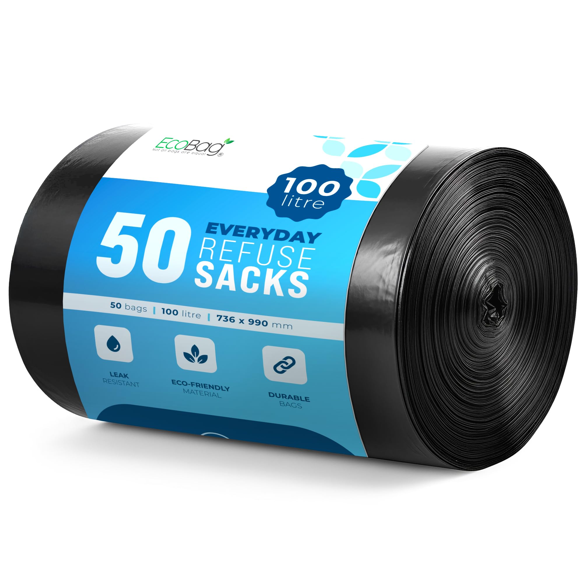 EcoBag 50 Pack Everyday Refuse Sacks - 100L Capacity | Heavy Duty & Leak Resistant